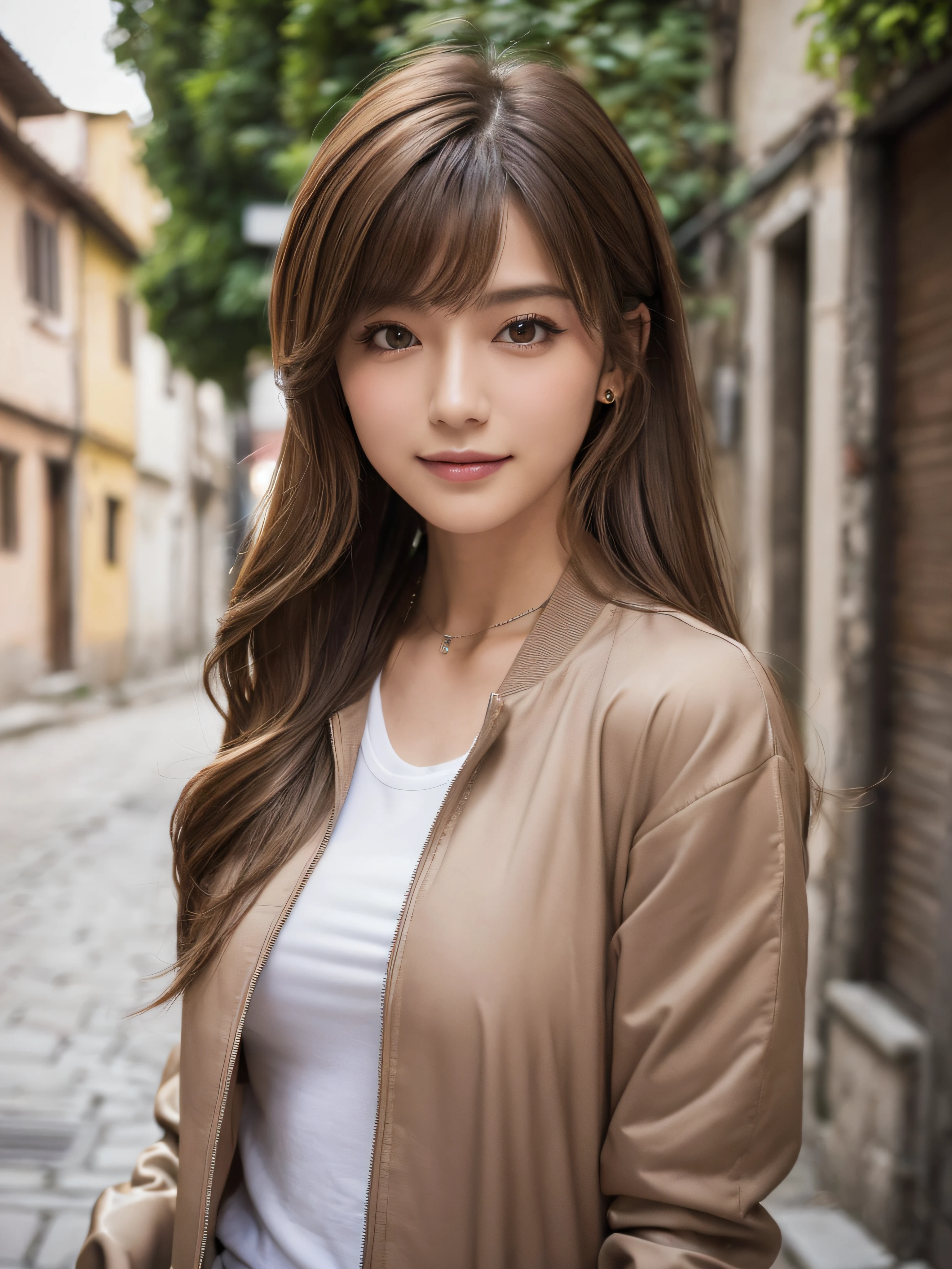 (((​masterpiece,top-quality,16 K,Ultra Detail,reallistic))),One lady,Japan beauties,Photographed from the waist up from the side,Looking here,((Trendy hairstyles,recent long hair,Air bangs,Light brown hair color,de pele branca)),(Posing like a fashion model,Looks like a model,A smile,Large duplex,Super delicate appearance,small tits,flat breast,Model body type,Trendy makeup),(Piercing,Trendy fashion,The shirt,jaket,long-sleeve,Less exposure),(outside of house,Streets of Italy)