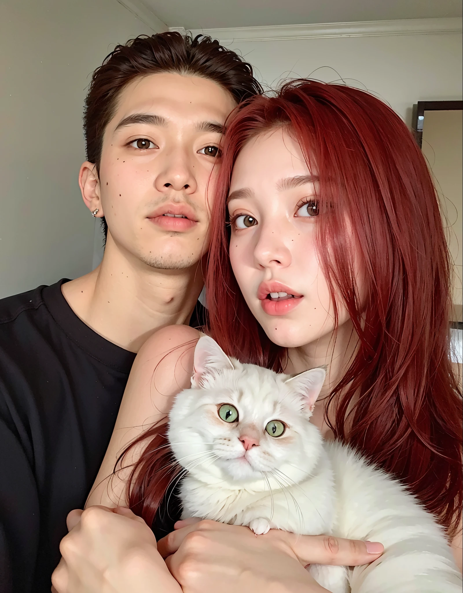 there a man and a woman holding a cat in their arms, con el pelo rojo, con el pelo largo y rojo, con cabello rojo rizado, ulzzang, red tinted hair, Kim Doyoung, crimson red hair and red eyes, con hiedra, Ruan Jia y Brom, Ella tiene el pelo rojo, Pareja encantadora, Ella tiene el pelo largo redorange, terciopelo rojo, JIA