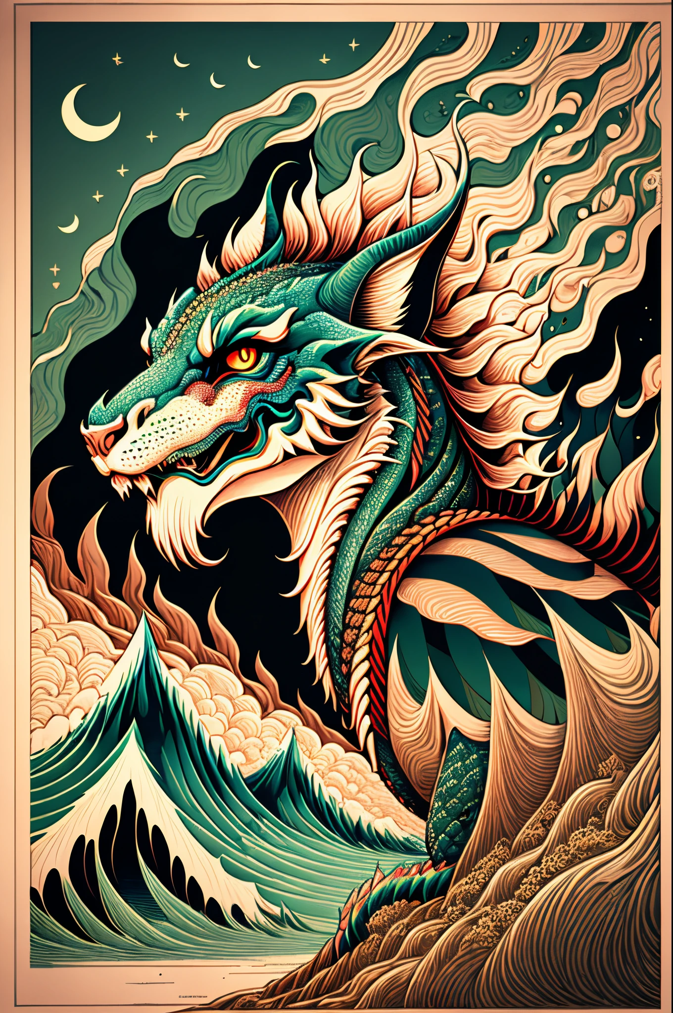 Illustrations Mountain and sea Classics dragon style Gluttony beast manga style Ukiyo-e style --auto --s2