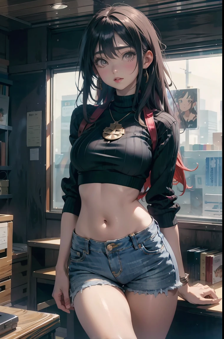 (Hinata Hyuga, muito , In tight clothes, big butts, thick leg, hotpants,Wear jeans, Wearing a mini blouse, Pilsing and navel, large hair, Speaker behind, very very realistic, extemely sexy, 8K, Highly detailed in 8K), (extremely delicate and beautiful), (masterpiece), (top-quality: 1.0), (超A high resolution:1.0)