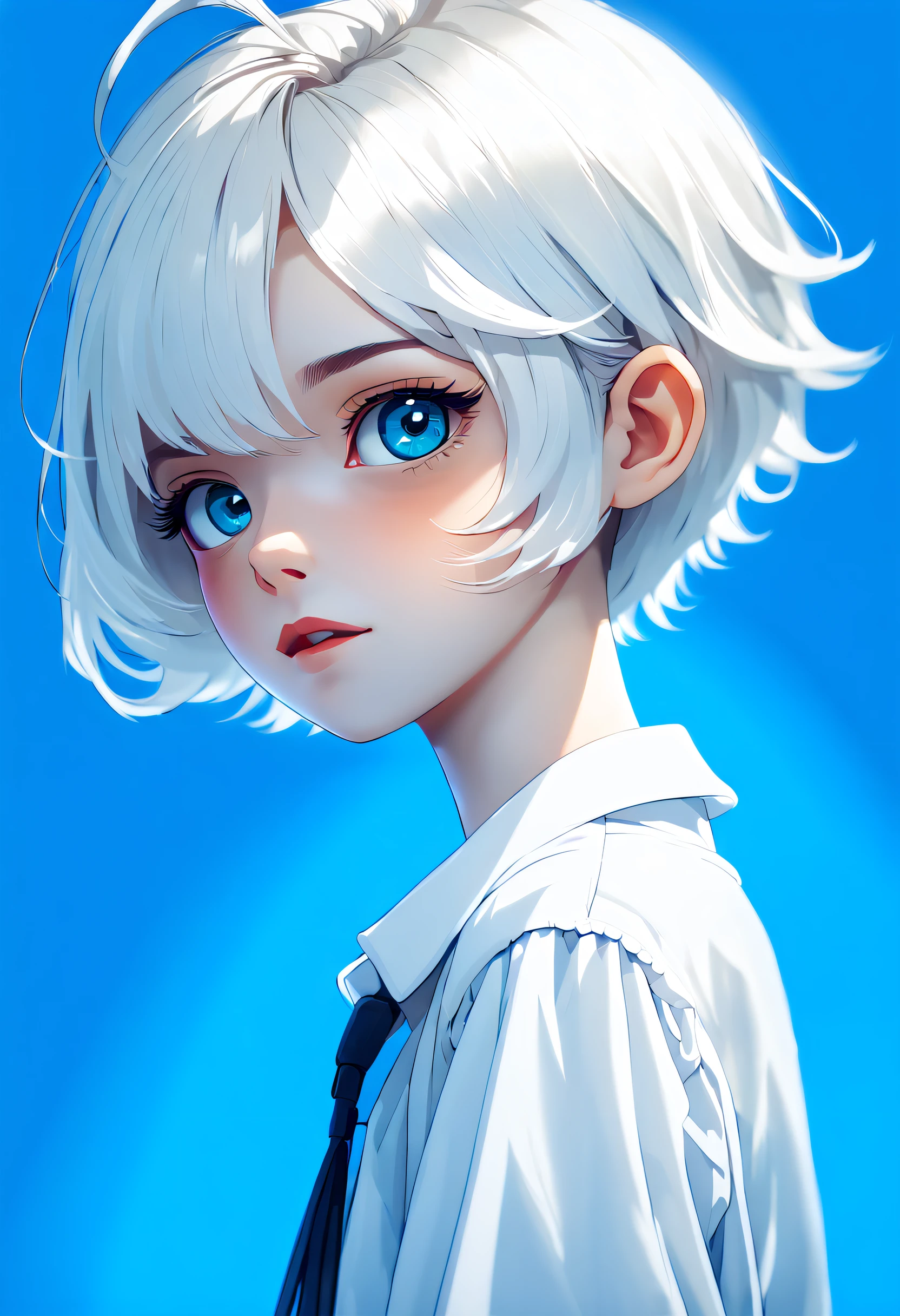 boy, Short gray hair, White color blouse, pretty  face, blue backdrop, first person perspective, Best quality at best, high detal