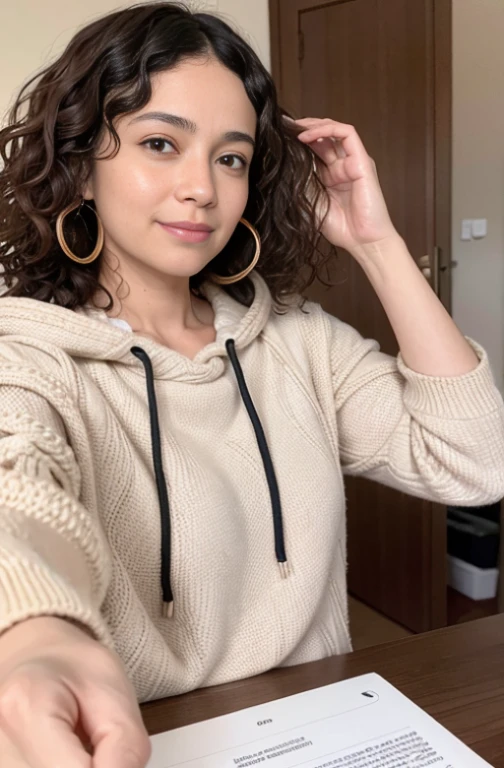 Close up Photo, Uma mulher usando fones de ouvido com um corpo normal com 35 anos, curly hair, Brown skin, 1 mulher trabalhando de casa, working remotely, roupas feias, fazendo frio, hood, home office ao fundo.