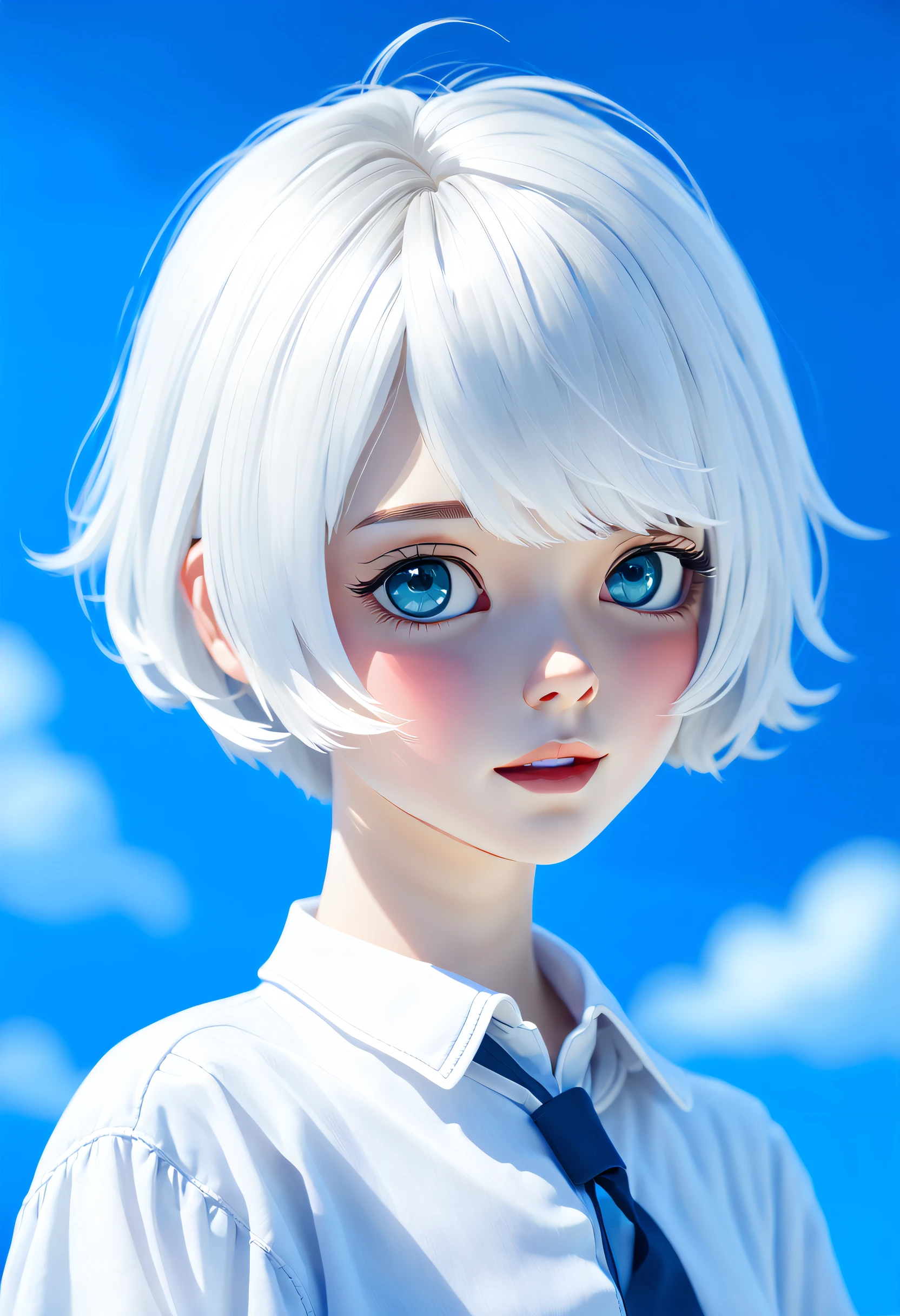 schoolboy, Short gray hair, White color blouse, pretty  face, blue backdrop, first person perspective, Best quality at best, high detal