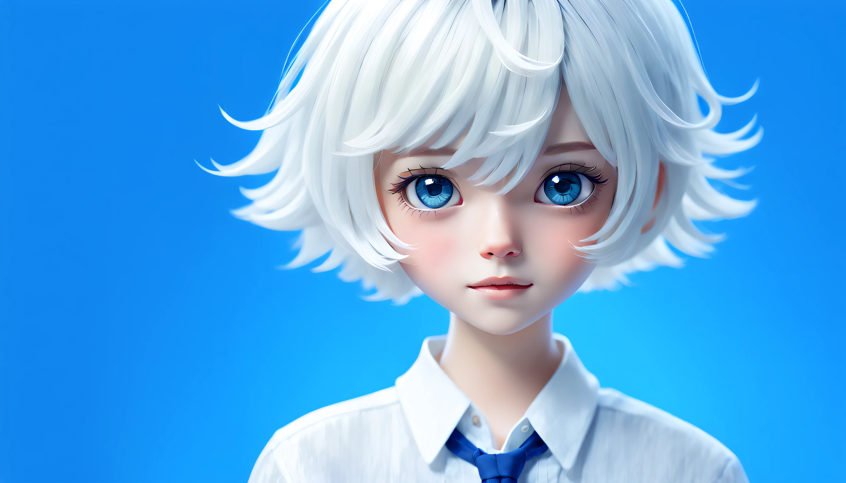 boy, Short gray hair, White color blouse, pretty  face, blue backdrop, first person perspective, Best quality at best, high detal