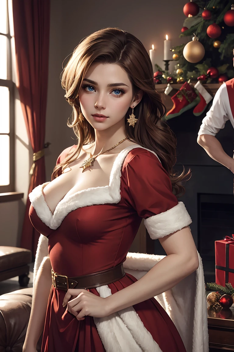 ((A couple in love)), ((woman with brown hair wearing a christmas gown with small breast)), standing with ((a masculine man with short blonde hair and a full beard, in a red and white suit)), blue eyes, hair with many details, 8k artgerm bokeh, fanart best artstation, render photorealistic, guweiz-style art, inspired by WLOP, ig model | artgerm, detailed waist up portrait, stunning wait up portrait of realistic face, beautiful waist up portrait, deviantart artstation cgscosiety, cinematic realistic portrait, high quality portrait, elegant digital painting, photorealistic artstyle, ((Christmas living room background)), ((looking at the camera))