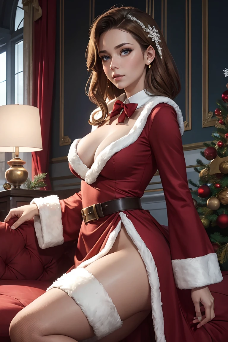 ((A couple in love)), ((woman with brown hair wearing a christmas gown with small breast)), standing with ((a masculine man with short blonde hair and a full beard, in a red and white suit)), blue eyes, hair with many details, 8k artgerm bokeh, fanart best artstation, render photorealistic, guweiz-style art, inspired by WLOP, ig model | artgerm, detailed waist up portrait, stunning wait up portrait of realistic face, beautiful waist up portrait, deviantart artstation cgscosiety, cinematic realistic portrait, high quality portrait, elegant digital painting, photorealistic artstyle, ((Christmas living room background)), ((looking at the camera))