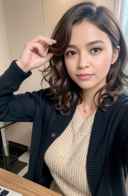 Close up Photo, Uma mulher usando fones de ouvido participando de uma video chamada, reuniao de emprea, corpo normal com 35 anos, curly hair, Brown skin, 1 mulher trabalhando de casa, working remotely, roupas feias, fazendo frio, hood, home office ao fundo.