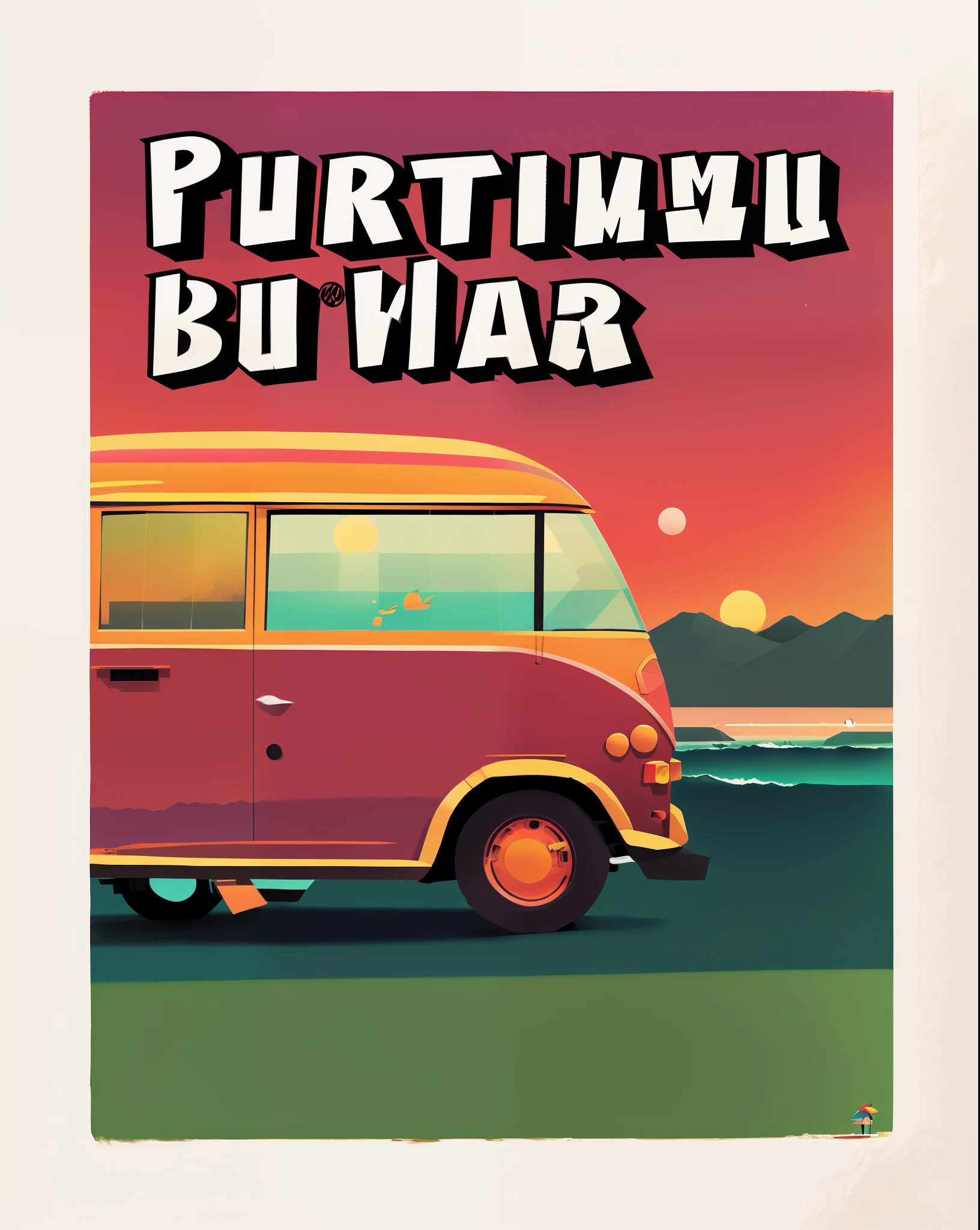 uma kombi vermelha e laranja com uma brancha de surf em cima, beach setting, mar ao fundo, sun sunset, reddish sky, gaivotas voando no horizonte, uma pintura ultrafina detalhada, pintura de cena americana, Anton Fadeev, retro