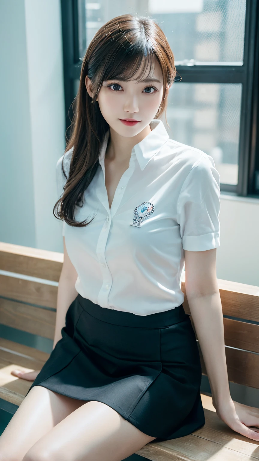 Innocent 20 year old girl、((Office Lady of the Japan, sexy office shirt, Skirt, Cute and elegant, Dramatic poses)),Smile,background at room,short-cut、Raw photo, (8K、top-quality、masterpiece:1.2)、(intricate detailes:1.4)、(Photorealsitic:1.4)、octane renderings、Complex 3D rendering ultra detail, Studio Soft Light, Rim Lights, vibrant detail, super detailing, realistic skin textures, Detail Face, Beautiful detail eyes, Very detailed CG Unity 16k wallpaper, make - up, (detailedbackground:1.2), shinny skin, Full body,Hands down、Spread your legs and show your panties,sit on a bench