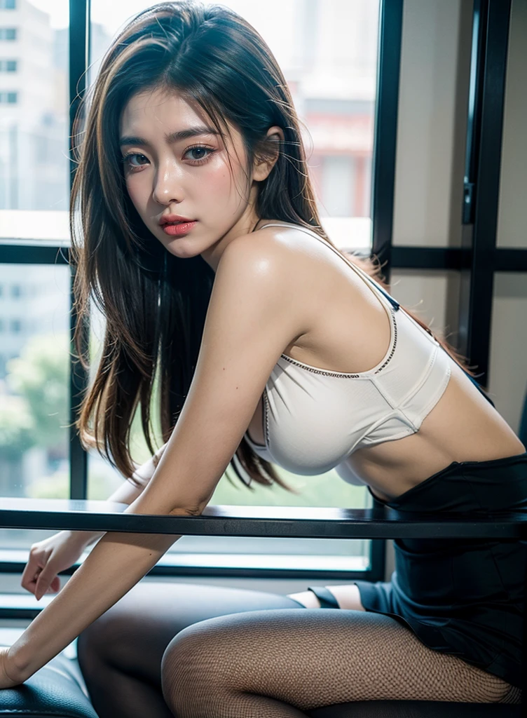 (Raw photo: 1.2), of the highest quality, Beautiful detailed girl, Bunny Girl, From below, Smile, Highly detailed eyes and face, Beautiful detailed eyes, Huge file size, High resolution, 8K Wallpaper, Fine detail, Highly detailed ticker uniform 8K wallpaper, Light on Face, Movie Lighting, 25-year-old girl, Sexy Pose, (Photorealism: 1.4), Illustration, Super Detail, masutepiece, bunny, fishnets pantyhose, sit a chair, Open crotch, lovely thighs, shiny thighs, Korean female