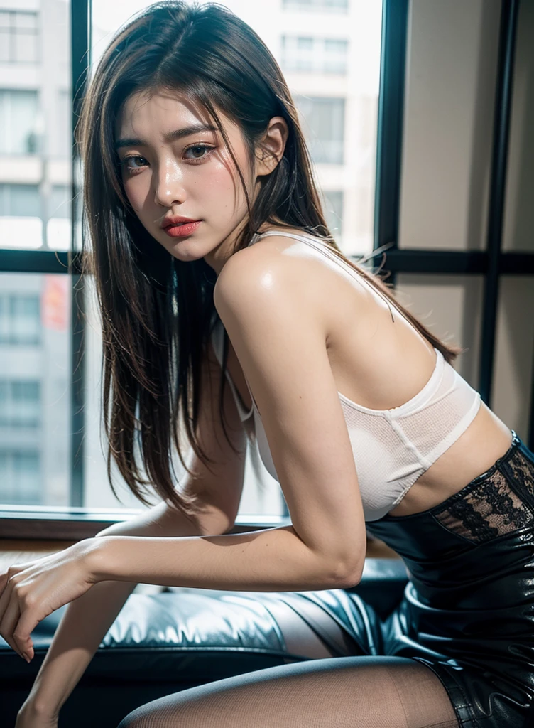 (Raw photo: 1.2), of the highest quality, Beautiful detailed girl, Bunny Girl, From below, Smile, Highly detailed eyes and face, Beautiful detailed eyes, Huge file size, High resolution, 8K Wallpaper, Fine detail, Highly detailed ticker uniform 8K wallpaper, Light on Face, Movie Lighting, 25-year-old girl, Sexy Pose, (Photorealism: 1.4), Illustration, Super Detail, masutepiece, bunny, fishnets pantyhose, sit a chair, Open crotch, lovely thighs, shiny thighs, Korean female