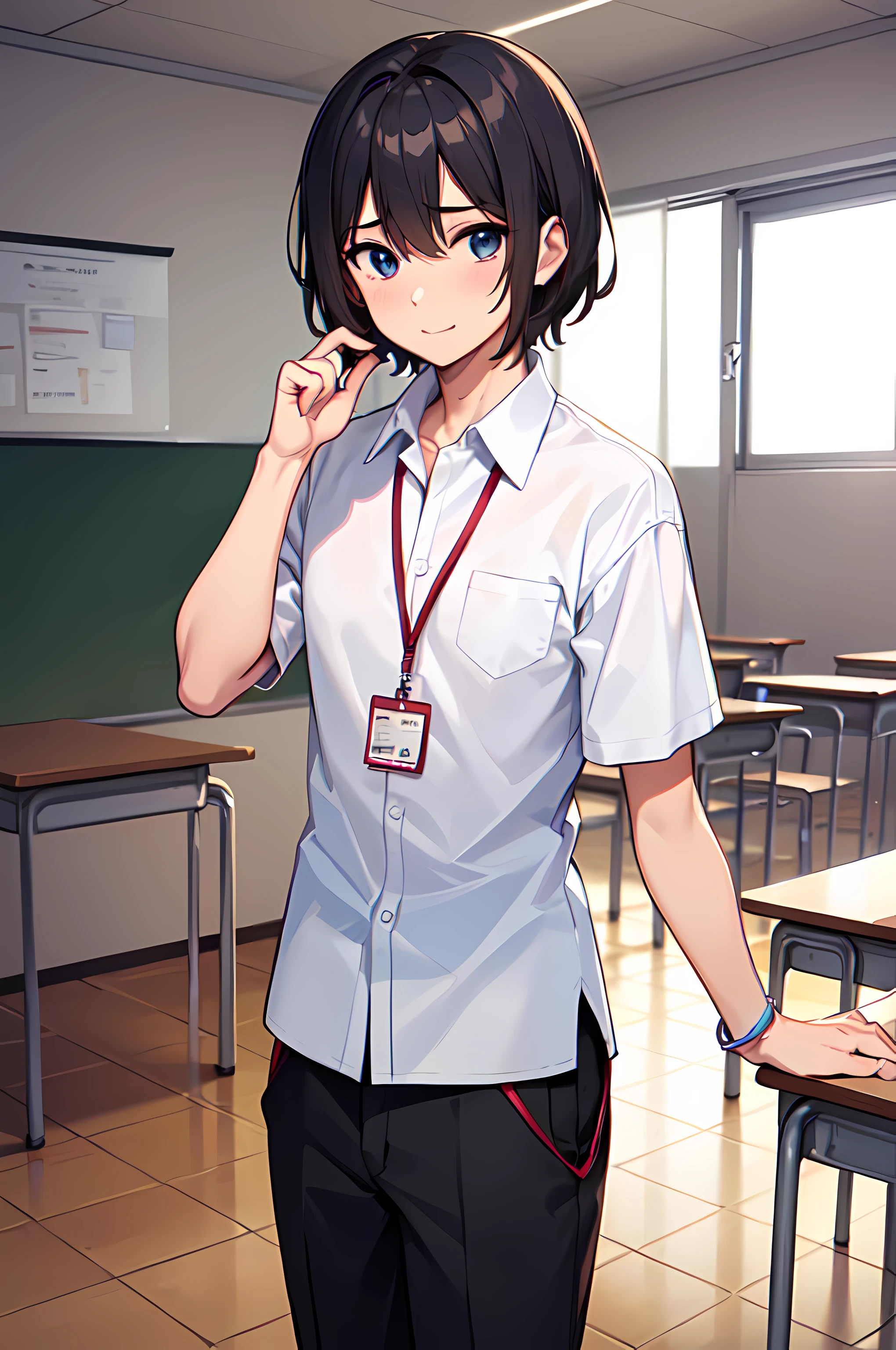 ((best quality)), ((masterpiece)), (high quality:1.1), 1man, solo, (male:2), teenage male, , happy, solo, anime face, (anime:1.2), (detailed eye:1.5), clear eyes, quality eyes, (Untucked Shirt:1.5), student, white school shirt (plain white), short sleeves, long black pants, ((wearing lanyard, (lanyard:1.1)), standing, classroom, school, anime, line art anime