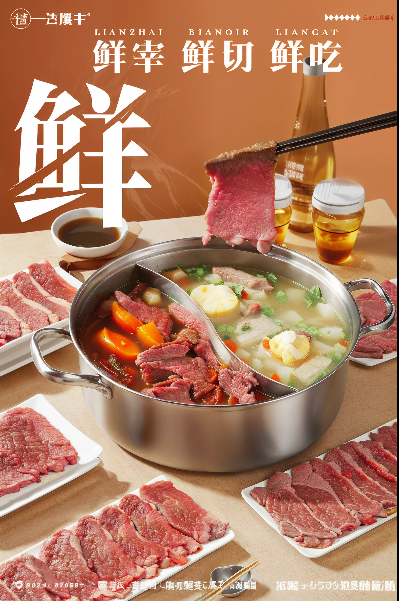 There was a big pot of soup on the table,There meat and vegetables inside,, pans, grand!, Pan Renwei style, qiangshu, Chinese Chaoshan beef,Beef hot pot, Tasty, photorealestic,Leica camera,Close-up shot,Realisticstyle,Ultra photo realsisim。