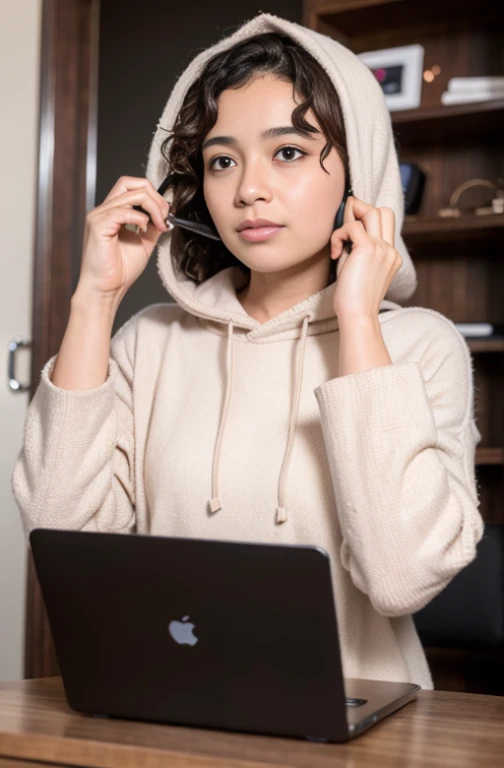 Close up Photo, Uma mulher usando fones de ouvido sobre os ouvidos, over ears, reuniao de empresa, corpo normal com 35 anos, curly hair, Brown skin, 1 mulher trabalhando de casa, working remotely, roupas feias, fazendo frio, hood, home office ao fundo.