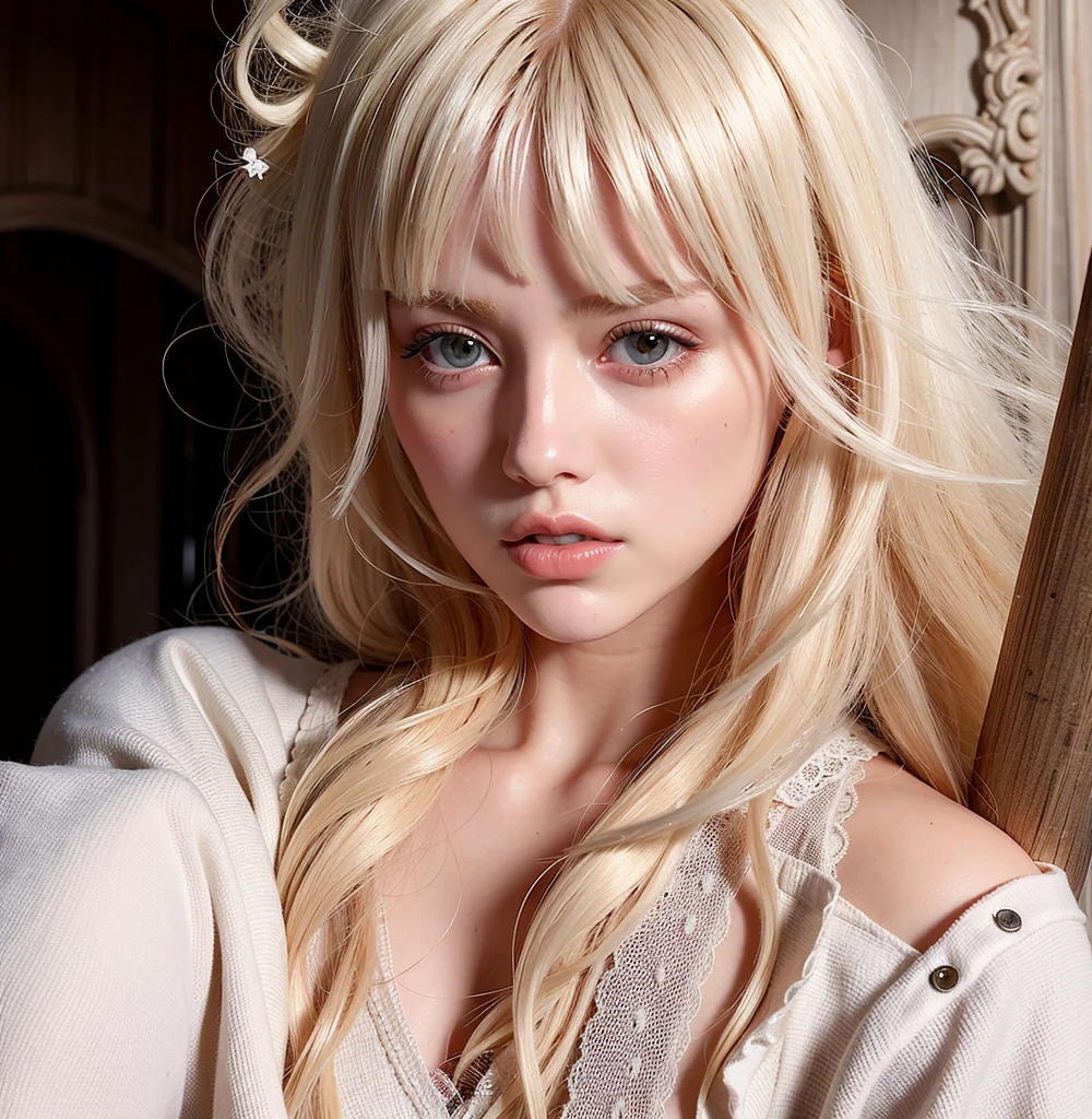 Mujer rubia con un vestido blanco y un collar posando para una foto., pale hair, Cabello largo y blanco y flequillo, extremely pale blond hair, flequillo blanco, Peinado blanco de corte hime, cabello blanco con frituras, pale porcelain white skin, pale fair skin!!, cabello rubio muy, very pale, pale woman, ivory pale skin, cabello whitebangs cabello, pale skin curly blond hair
