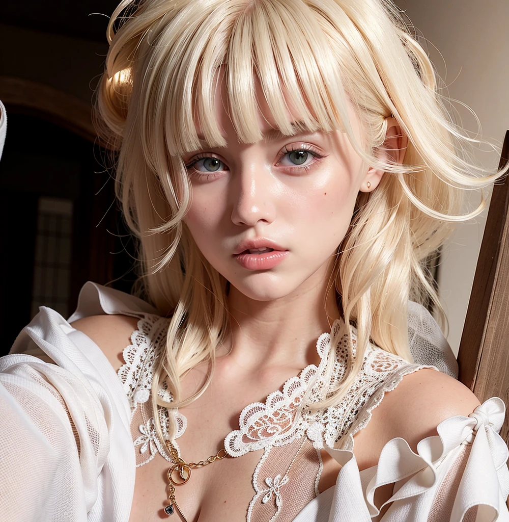 Mujer rubia con un vestido blanco y un collar posando para una foto., pale hair, Cabello largo y blanco y flequillo, extremely pale blond hair, flequillo blanco, Peinado blanco de corte hime, cabello blanco con frituras, pale porcelain white skin, pale fair skin!!, cabello rubio muy, very pale, pale woman, ivory pale skin, cabello whitebangs cabello, pale skin curly blond hair