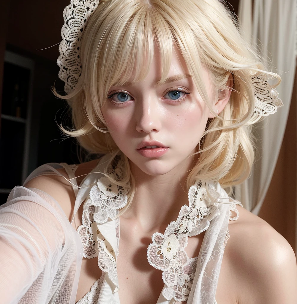 Mujer rubia con un vestido blanco y un collar posando para una foto., pale hair, Cabello largo y blanco y flequillo, extremely pale blond hair, flequillo blanco, Peinado blanco de corte hime, cabello blanco con frituras, pale porcelain white skin, pale fair skin!!, cabello rubio muy, very pale, pale woman, ivory pale skin, cabello whitebangs cabello, pale skin curly blond hair