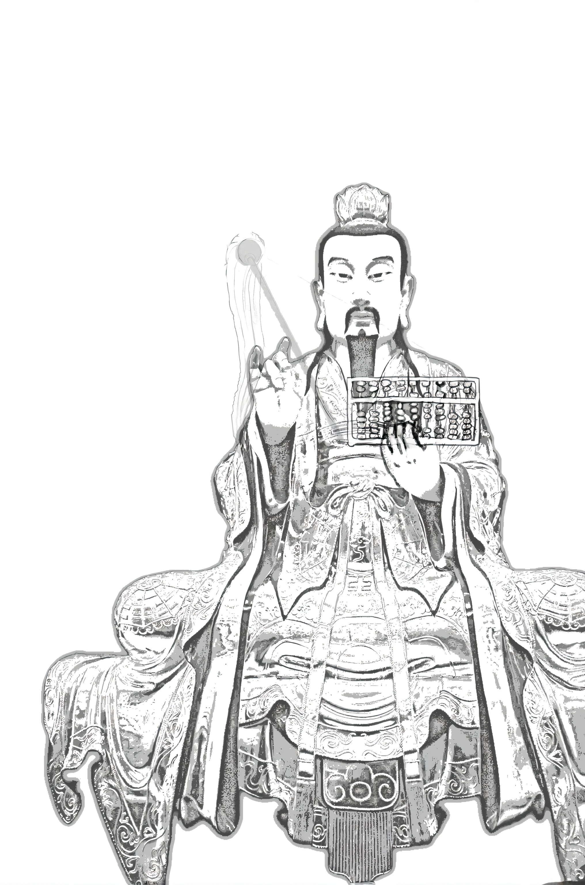 One guy, Taoist, fortune, Abacush, Inspired by Emperor Xuande, ancient chinese goddess, god emperor, Taoist, Qi Gong, guan yu, ancient chinese ornate, Taoist, Lucky Cloud Throne，Taoist robes，a line drawing