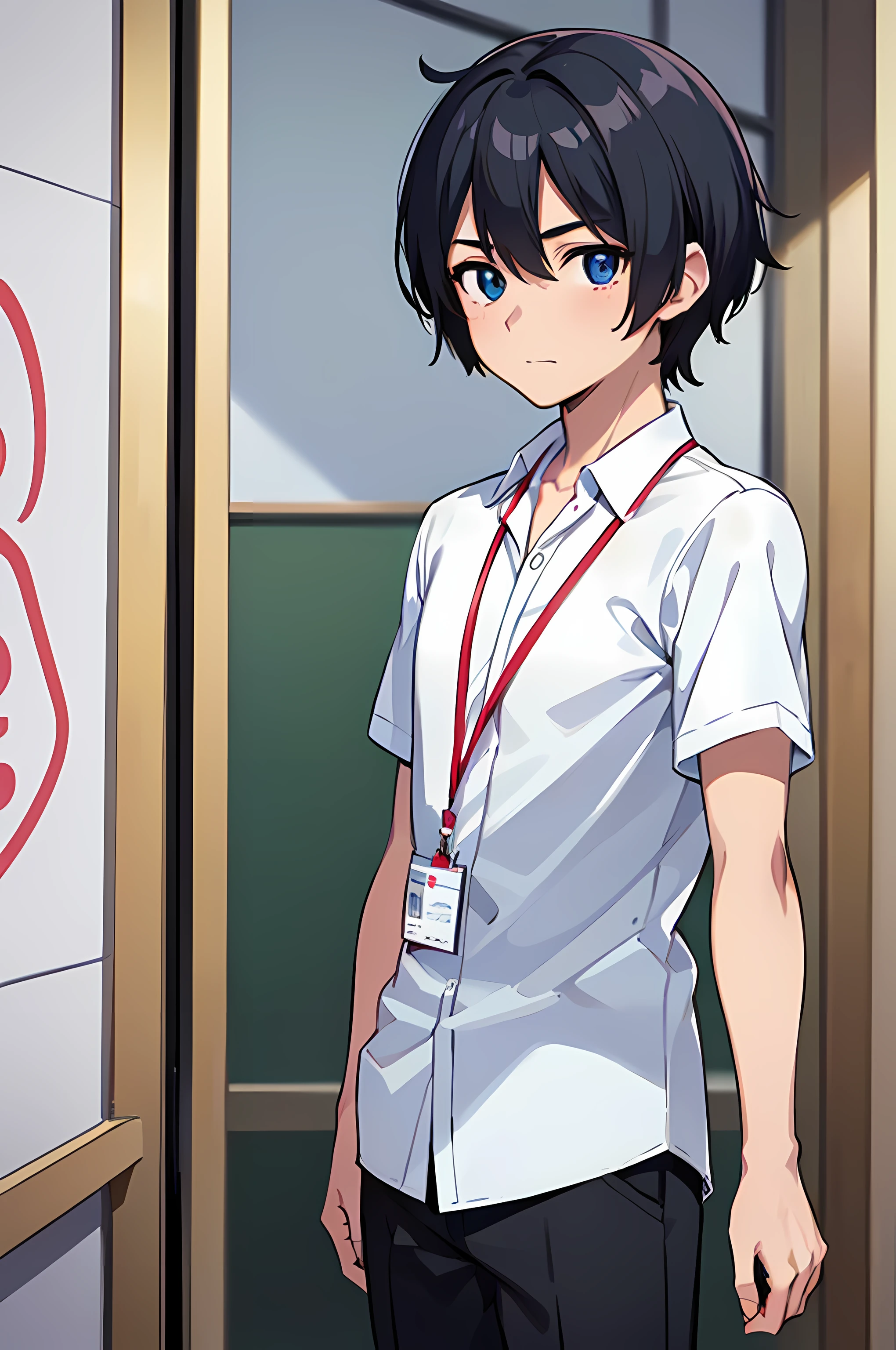 ((best quality)), ((masterpiece)), (high quality:1.1), 1man, solo, (male:2), teenage male, , happy, solo, anime face, (anime:1.2), (detailed eye:1.5), clear eyes, quality eyes, (Untucked Shirt:1.5), student, white school shirt (plain white), short sleeves, long black pants, ((wearing lanyard, (lanyard:1.1)), standing, classroom, school, anime, line art anime