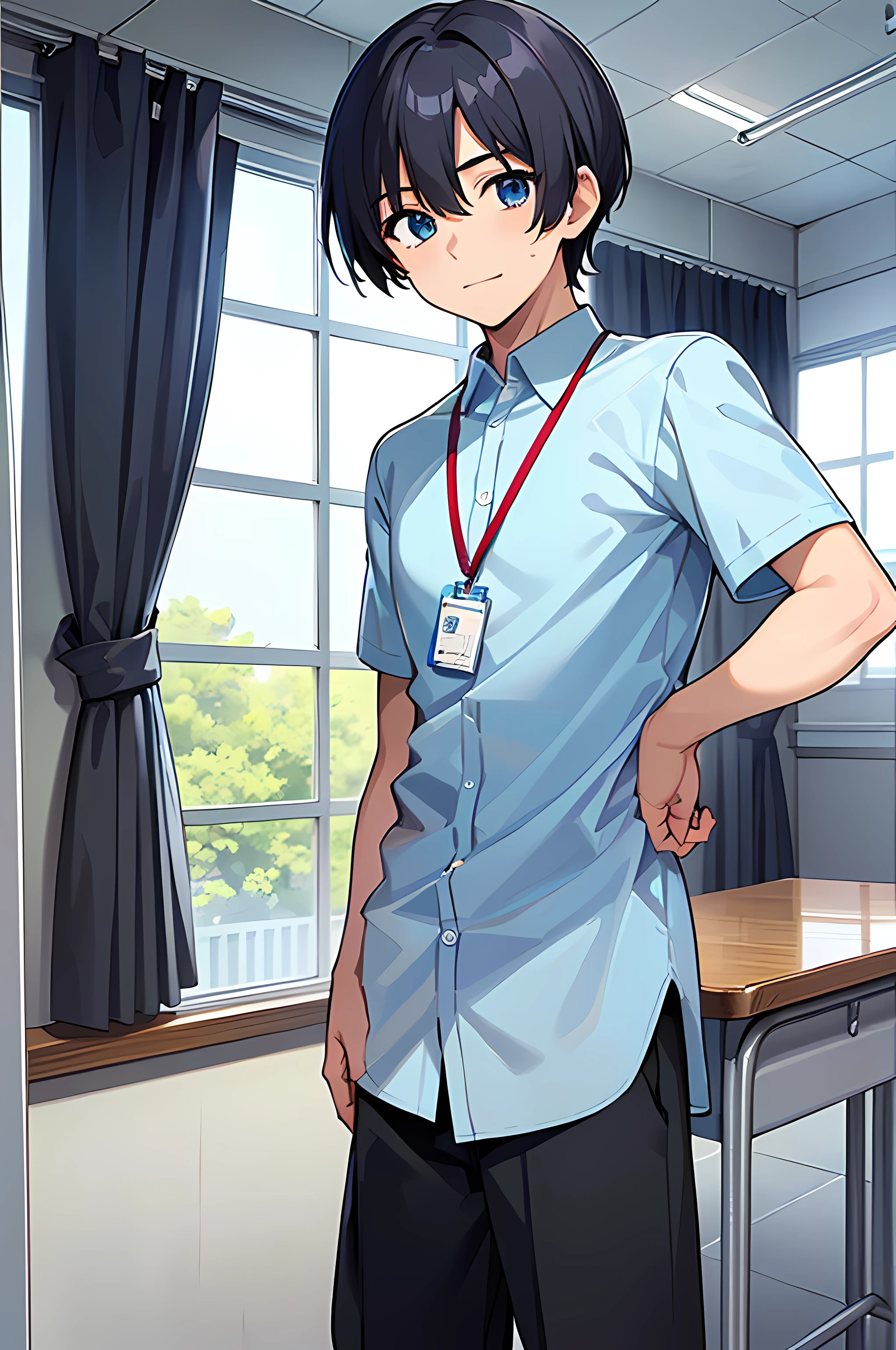 ((best quality)), ((masterpiece)), (high quality:1.1), 1man, solo, (male:2), teenage male, , happy, solo, anime face, (anime:1.2), (detailed eye:1.5), clear eyes, quality eyes, (Untucked Shirt:1.5), student, white school shirt (plain white), short sleeves, long black pants, ((wearing lanyard, (lanyard:1.1)), standing, classroom, school, anime, line art anime