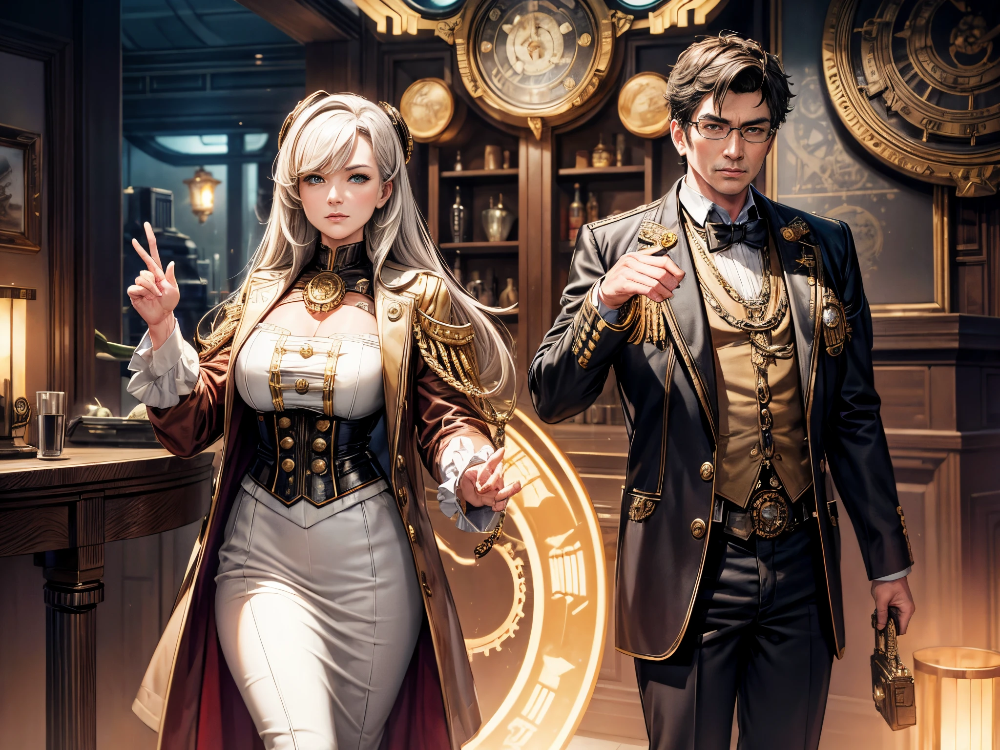 Transform the Enterprise NCC-1701 and its crew into a steampunk wonder, with gears, brass, and steam-powered machinery. Reference the steampunk aesthetic of artists like Brian Kesinger or James Ng. enormous tits