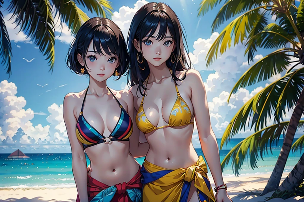 ​masterpiece、top-quality、超A high resolution、 [ 4 k digital art ]!!、 8k high quality detailed art、Wallpaper、 Detailed Digital Anime Art、Realisticity、Cinema Angle、hposing Gravure Idol、((Two beautiful girls))、cute  face、 (((Detailed depiction of a beautiful face)))、kindly smile、年轻、Bikini swimwear、Photorealistic perfect body、(Bold ethnic patterns wrapped around the waist and skirt and plenty of primary colors)、light Particle、llight rays、Tropical、Against the background of palm trees on both sides、on a sunny beach、Against the background of the sea、blur backgroun、