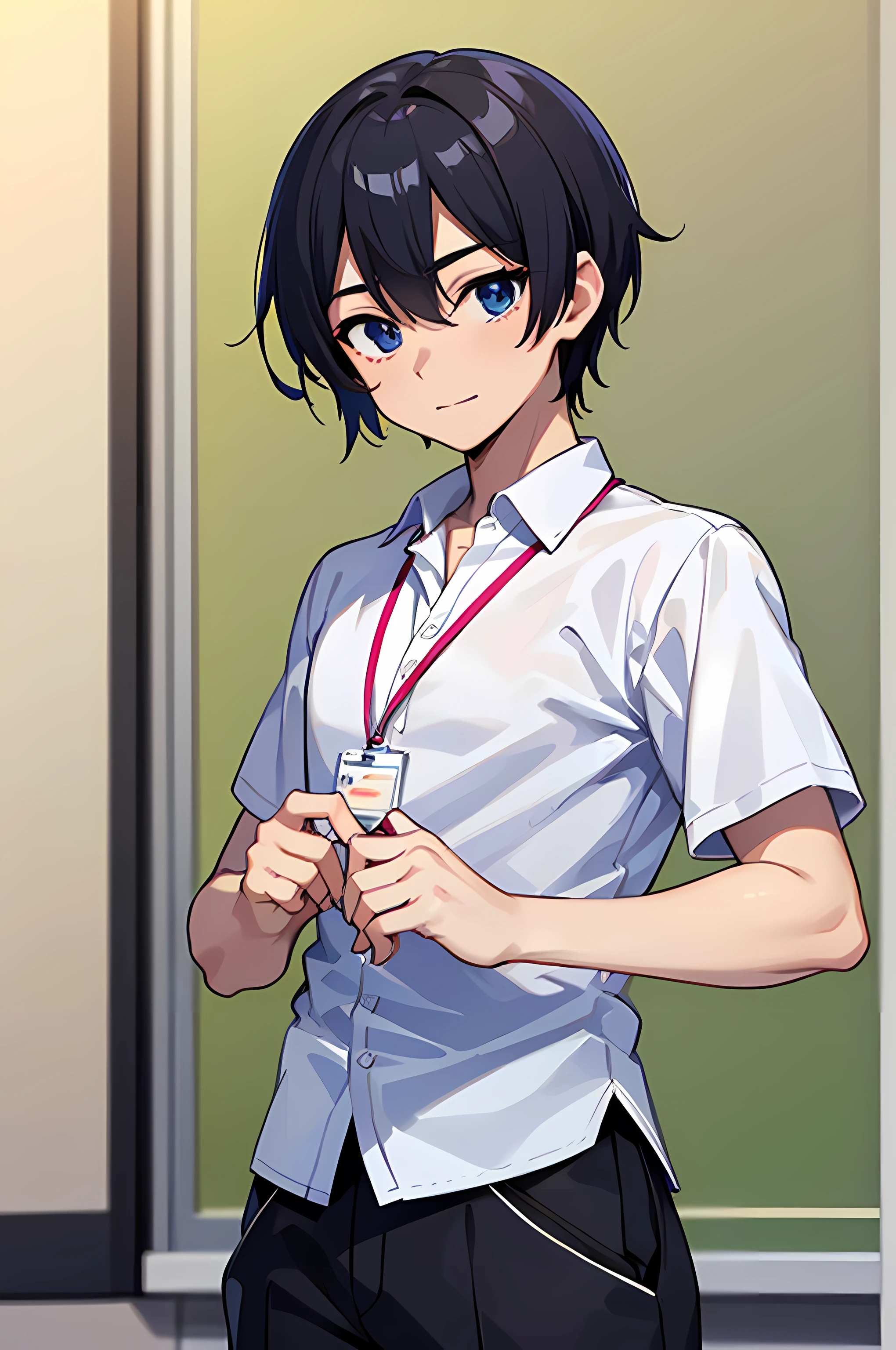 ((best quality)), ((masterpiece)), (high quality:1.1), 1man, solo, (male:2), teenage male, , happy, solo, anime face, (anime:1.2), (detailed eye:1.5), clear eyes, quality eyes, (Untucked Shirt:1.5), student, white school shirt (plain white), short sleeves, long black pants, ((wearing lanyard, (lanyard:1.1)), standing, classroom, school, anime, line art anime