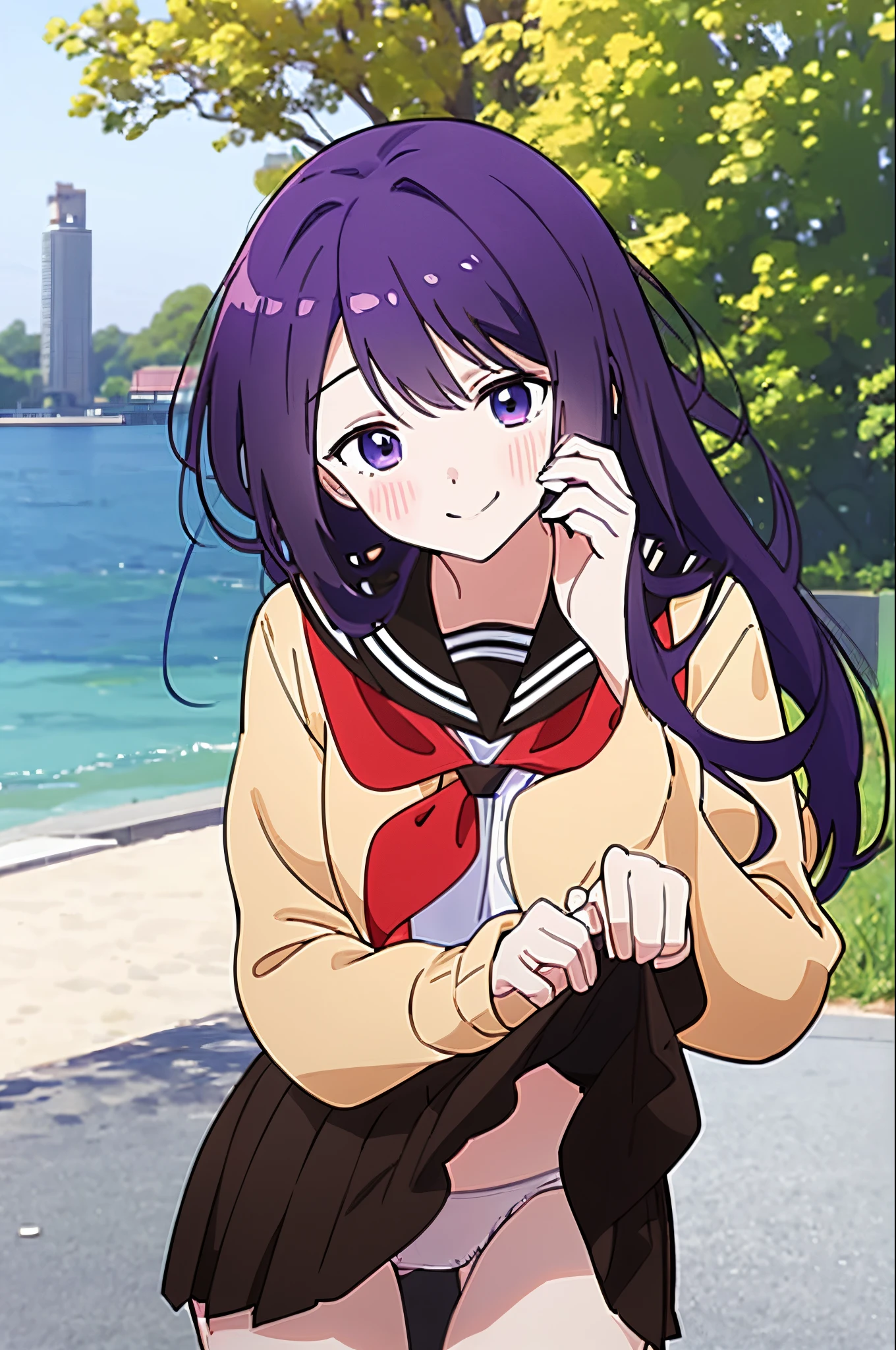 best quality, kubo_san,1girl, white serafuku, black sailor collar, red neckerchief, yellow cardigan, long purple hair, purple eyes, smile, blush,((black school short skirt)), upper body, outdoors, flowers ,park, lake, sunshine, Panty Pose, (Fully exposed panties:1.5)、(Skirt lift:1.3), (white panties:1.3)、(Skirt that rolls up:1.3)、