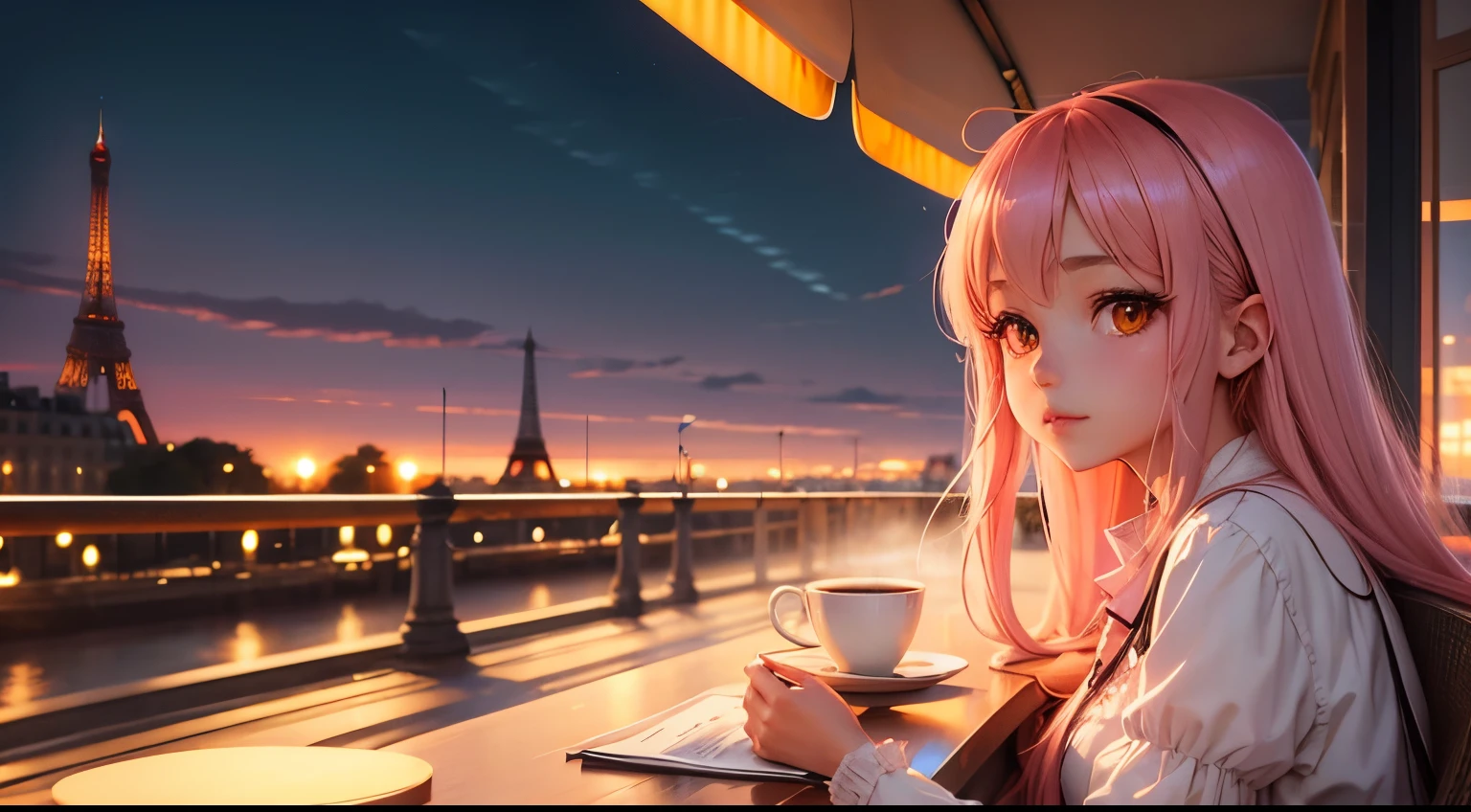 Dreamy Dusk Delight": Anime girl near the Paris Efle tower and a cup of coffee in a dreamy dusk landscape with warm pinks and oranges.
