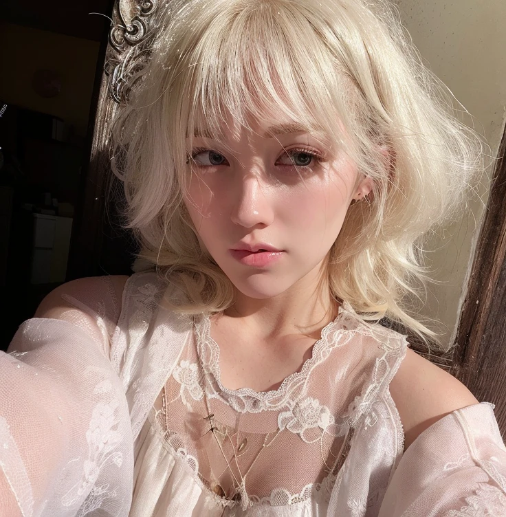 Mujer rubia con un vestido rosado y un collar posando para una foto en la playa., pale hair, Cabello mediano y blanco y flequillo, extremely pale blond hair, flequillo blanco, Peinado blanco de corte hime, cabello blanco con frituras, pale porcelain white skin, pale fair skin!!, cabello rubio muy, very pale, pale woman, ivory pale skin, cabello whitebangs cabello, pale skin curly blond hair