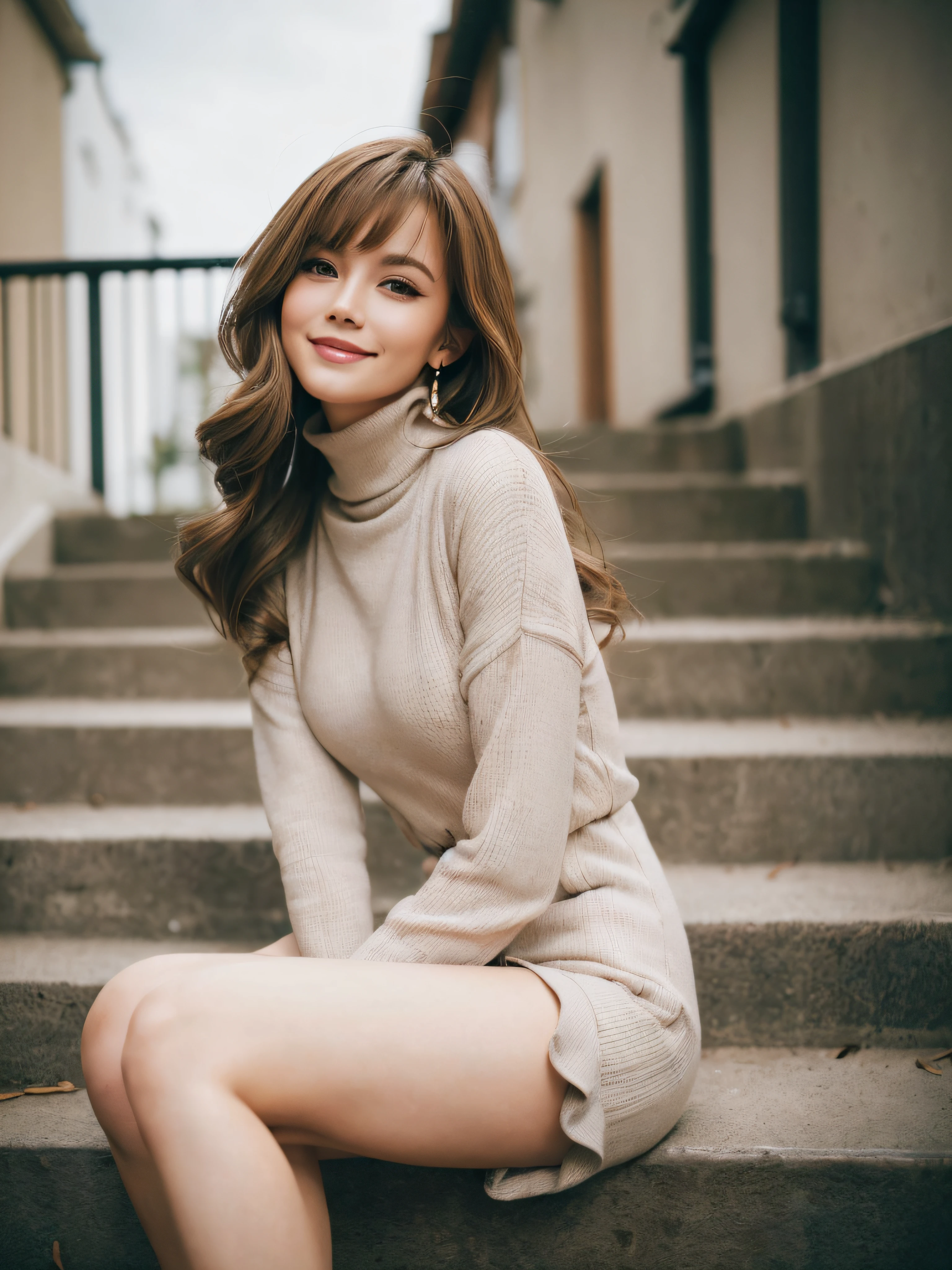 (((​masterpiece,top-quality,16 K,Ultra Detail,reallistic))),One lady,Photographed from the waist up from the side,Looking here,((Trendy hairstyles,Loosely curled long hair,Air bangs,Light brown hair color,Hair that flutters in the wind,de pele branca)),(Posing like a fashion model,Looks like a model,A smile,Large duplex,Super delicate appearance,small tits,Smaller chest,Model body type,Trendy makeup),(Piercing,Trendy fashion,One-piece clothes,turtle neck,jaket,long-sleeve),(outside of house,Sitting on the stairs,Model style)