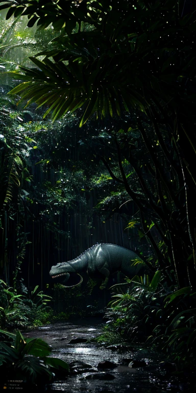 A T-REX charges out of A jungle, with intense rainfall, monochromatic, vines all around, giant and wet trees, masterpiece, best quality, high quality, extremely detailed CG unity 8k wallpaper, oil paiting, award winning photography, Bokeh, Depth of Field, HDR, bloom, Chromatic Aberration ,Photorealistic,extremely detailed, trending on artstation, trending on CGsociety, Intricate, High Detail, dramatic, art by midjourney, volumetric lighting