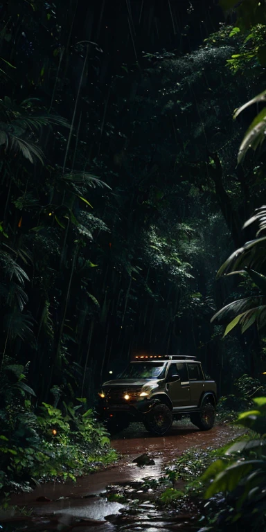 A T-REX charges out of A jungle, with intense rainfall, monochromatic, vines all around, giant and wet trees, masterpiece, best quality, high quality, extremely detailed CG unity 8k wallpaper, oil paiting, award winning photography, Bokeh, Depth of Field, HDR, bloom, Chromatic Aberration ,Photorealistic,extremely detailed, trending on artstation, trending on CGsociety, Intricate, High Detail, dramatic, art by midjourney, volumetric lighting