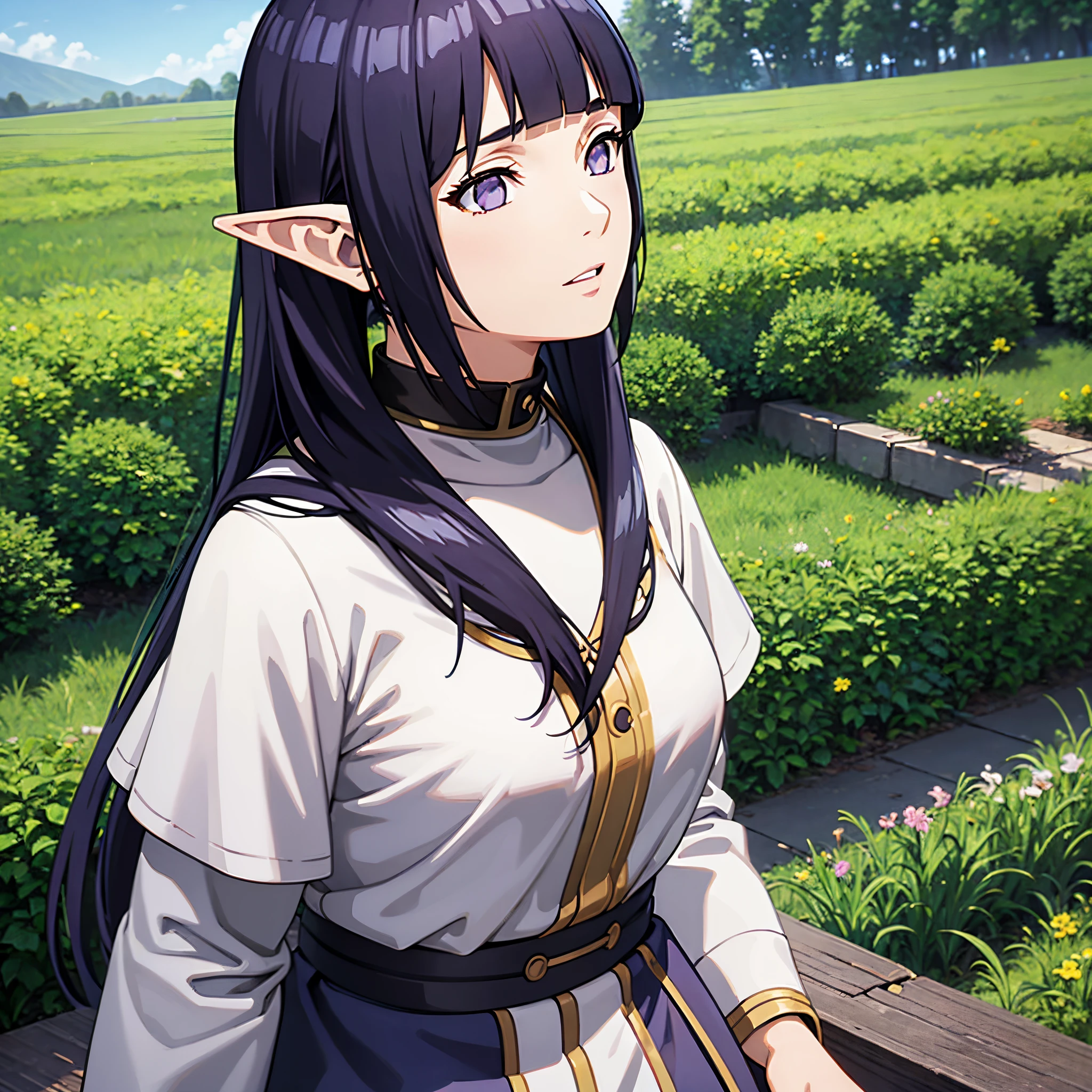 masterpiece, best quality, high resolution, masterpiece, best quality, illustration beautiful detailed girl,  highres, detailed, high resolution illustration, ultra-detailed, detailed background, long hair, dark blue hair, elf outfit, beautiful detailed sky, field, purple eyes, blunt bangs, perfect composition, detailed lips, cowboy shot, mage, twintails hairstyle, blunt bangs, frieren outfit, elf ears, hinata as frieren, medium breast