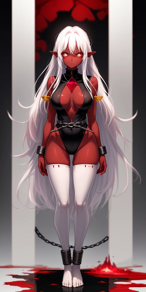 full body standing symmetrical barefeet ((black skin elf girl))), (((red ruby eyes))), (((long white hair))), (((breasts:1.2))), (((solo))), shackles on legs and arms together