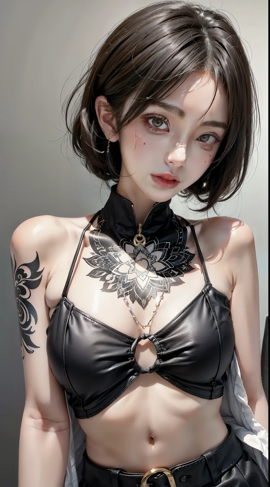 ((Best quality at best)), ((tmasterpiece)), (Very meticulous:1.3),Woman with short black hair and white top, The whole body  covered with tattoos, Complete collection of arm tattoos,  Behold.