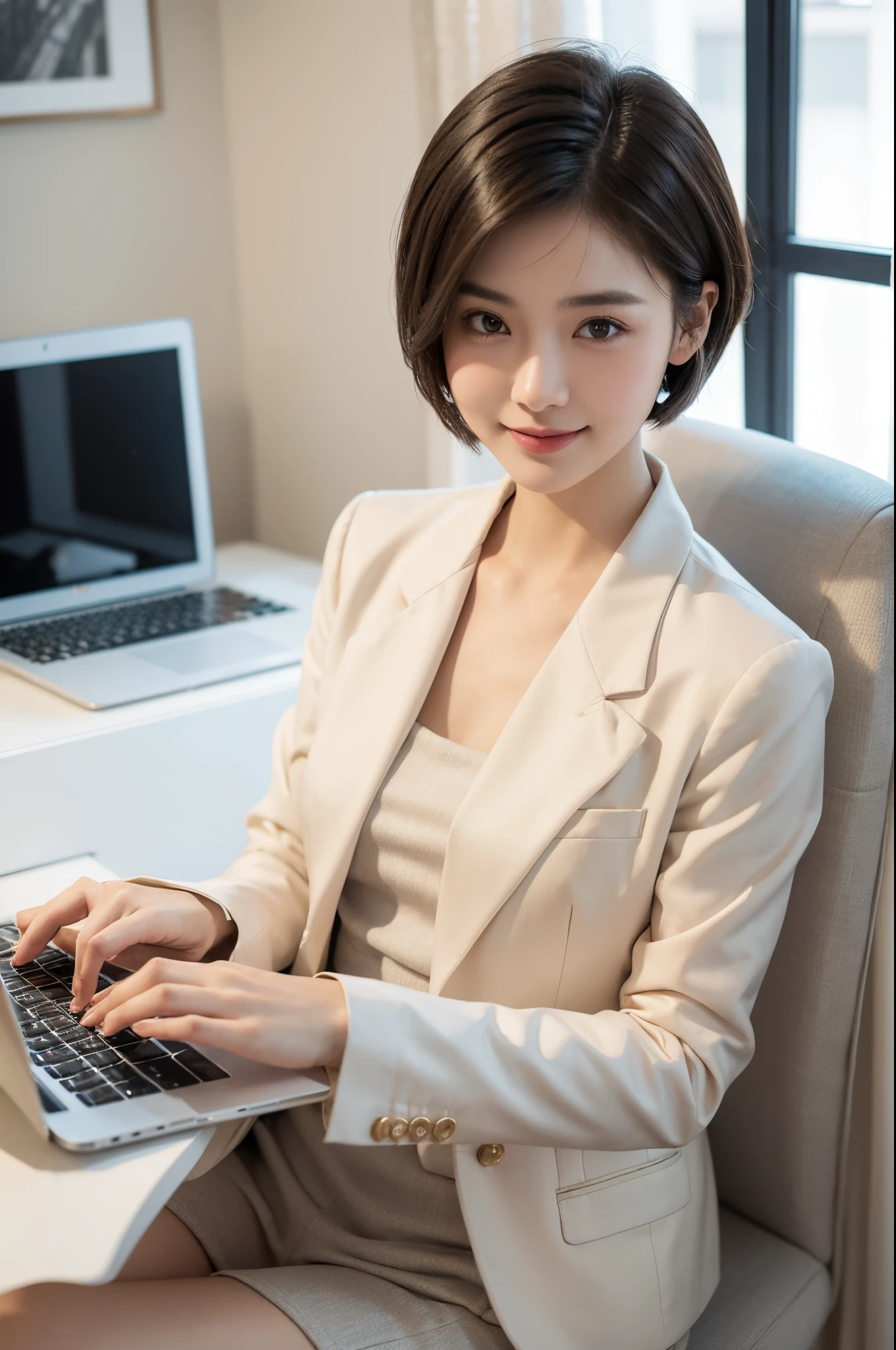 Gentle and cute girl,Short hair details,white shirt,Wear a suit,Professional women,Professional Dress,Dignified and generous,ssmile,Exquisite hands,laptop,Photographic works,high high quality,