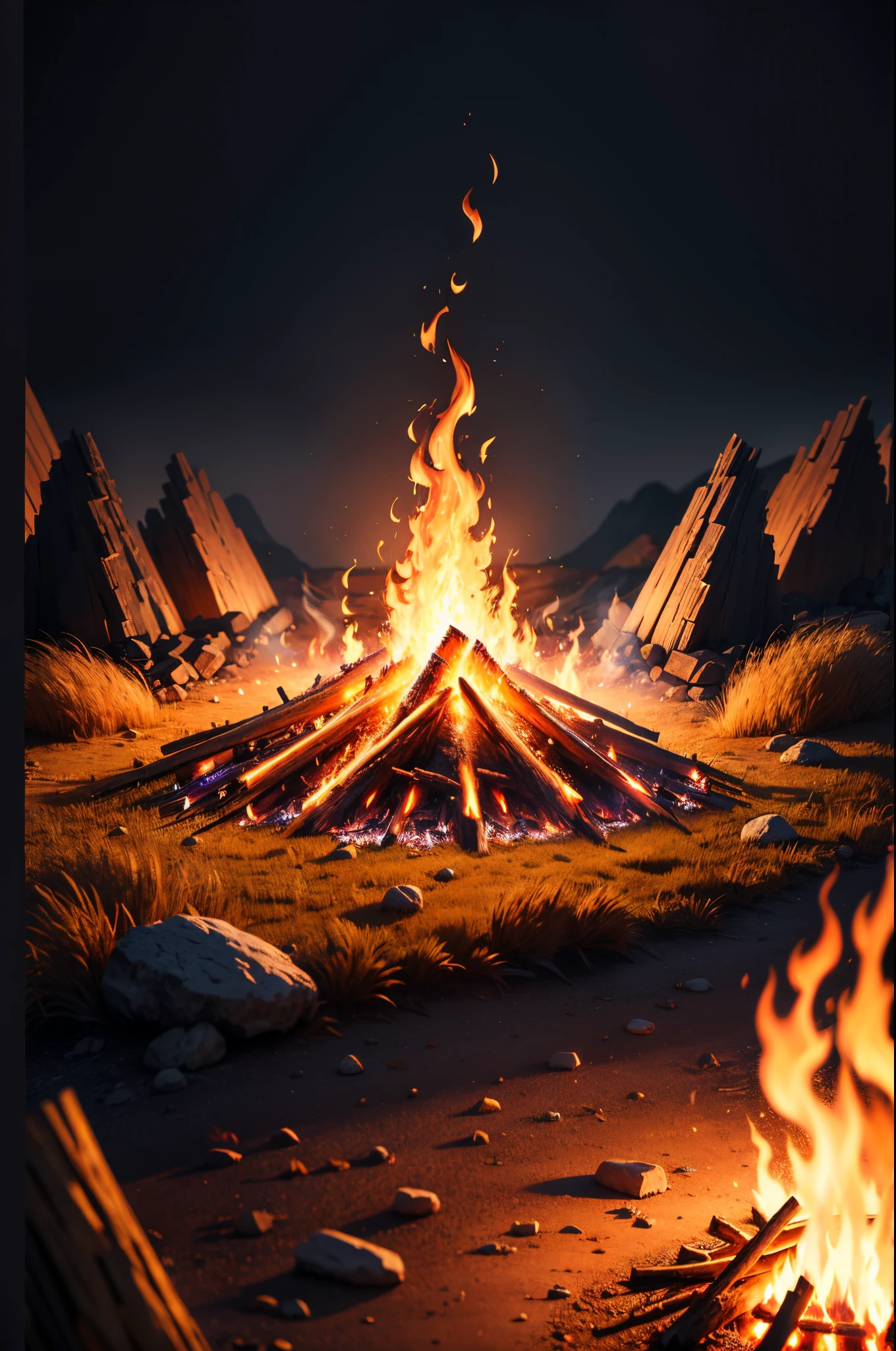 (absurdres, highres, ultra detailed, HDR), masterpiece, best quality, A bonfire in the wilderness,flame,burning,(no man)