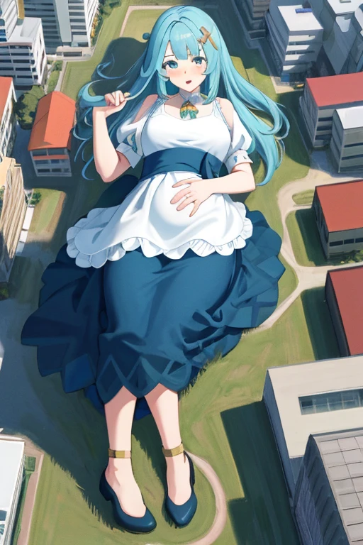 Giant maiden，Moe two-dimensional style，Pregnancy status，Round belly，Gaze at the bustling city, Lying down,  Maid clothes, Full body