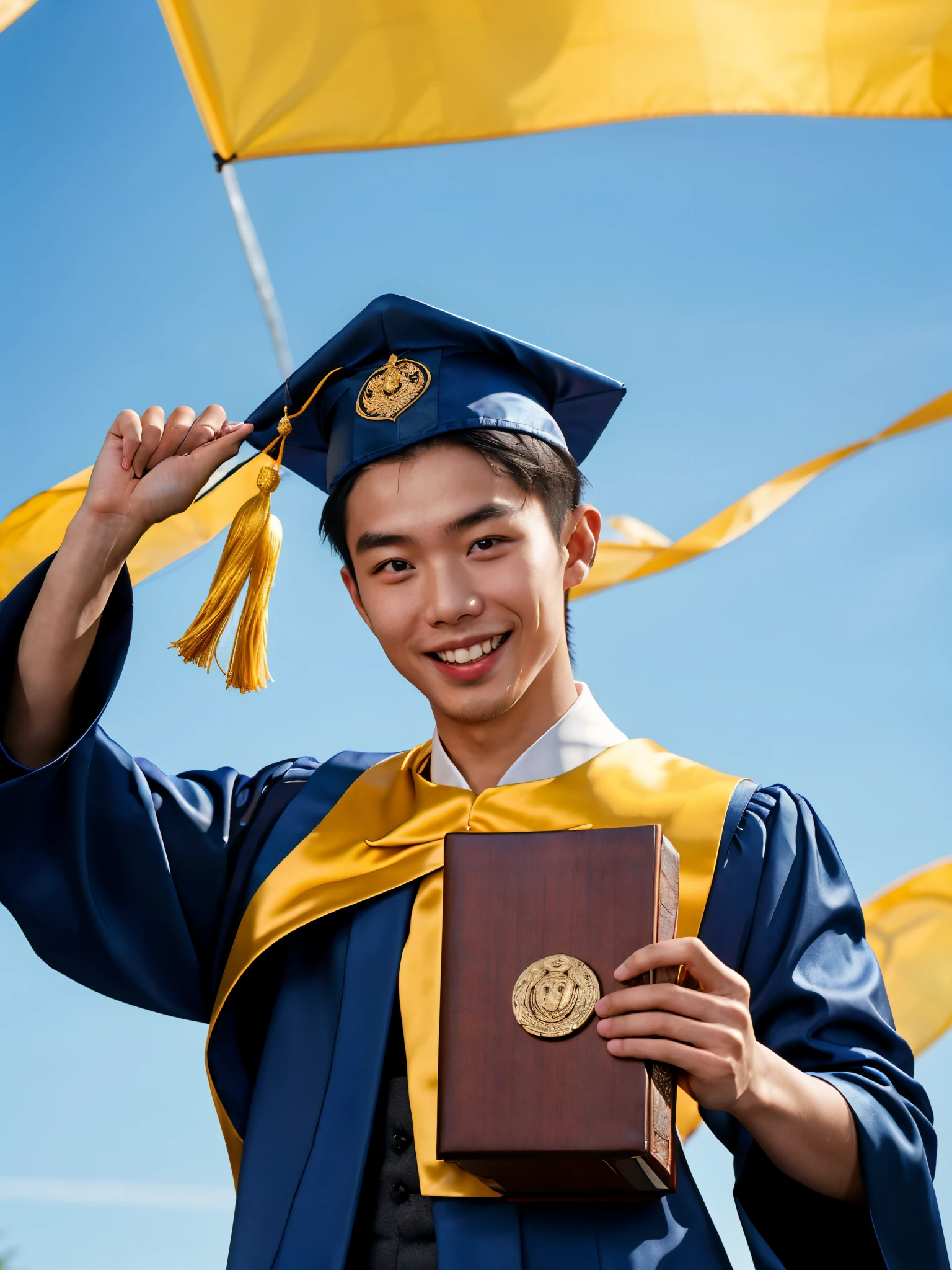 Generate an image of a 20-year-old Vietnamese guy individual wearing a bachelor's gown in a vibrant shade of blue, complete with the academic cap. The person should be captured in a studio setting, exuding a scholarly and celebratory atmosphere. Emphasize a wide, joyful smile to convey a sense of accomplishment and enthusiasm. Ensure that the image reflects the intellectual and educational milestone, portraying a proud and confident graduate ready to embark on new endeavors. Optimize for clarity, realistic details, and a composition that highlights the academic essence of the moment. Super realistic, 4k resolution