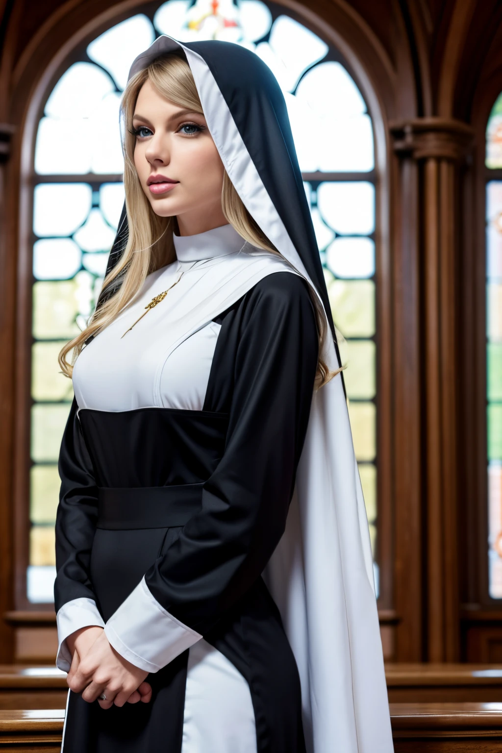 Taylor Swift, detailed long blonde curly hair, hourglass figure, athletic build, exterior courtyard, nun outfit, sexy nun costume, black and white clothes, religious dress, sexy but religious,  waiting to make love to you, beautiful woman, sexy woman, gorgeous woman, soft Lighting, nun waiting to get fucked by the priest,