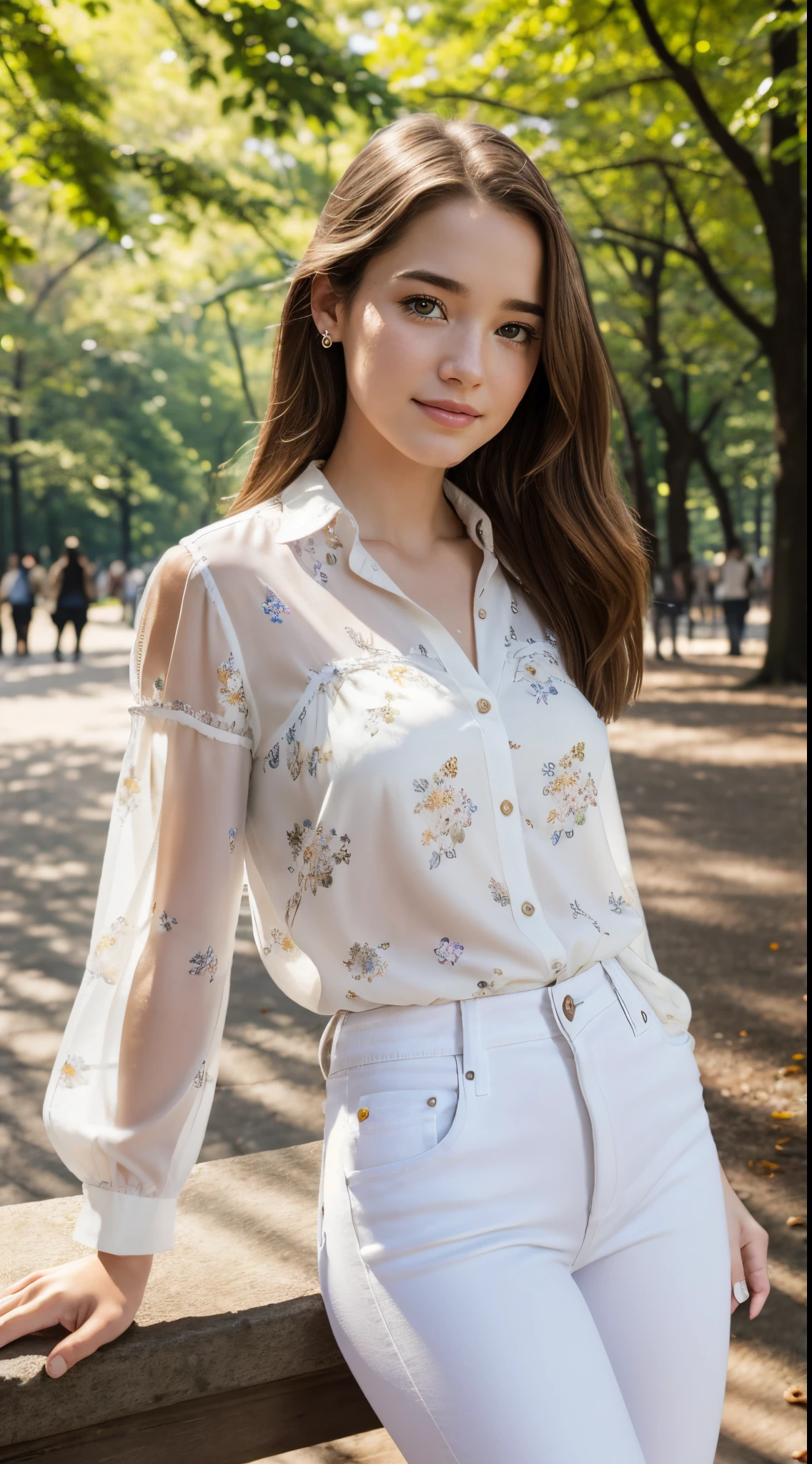 Foto hiperrealista en primer plano de Willa Fitzgerald, masterpiece, best quality, (photorealistic:1.4), full body, (white luxury loose floral blouse:1.2), (white jeans:1.1), heels, in the New York Central Park, sunny day, cinematic light, beautiful woman, skinny, small breasts, straight brown hair, detailed face, smile, photo taken from a distance, age 20 tears old