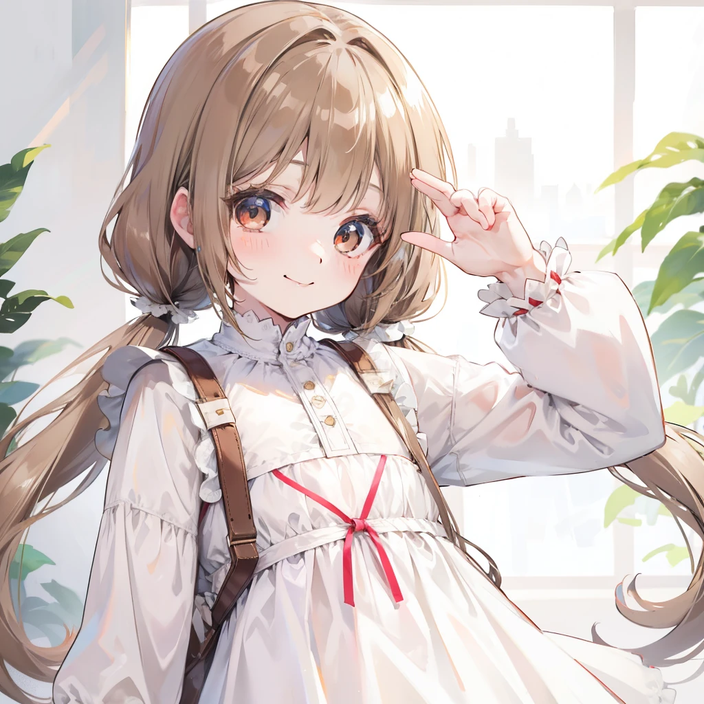 Pale brown hair,low twintails,White dress, Cute girl,a smile