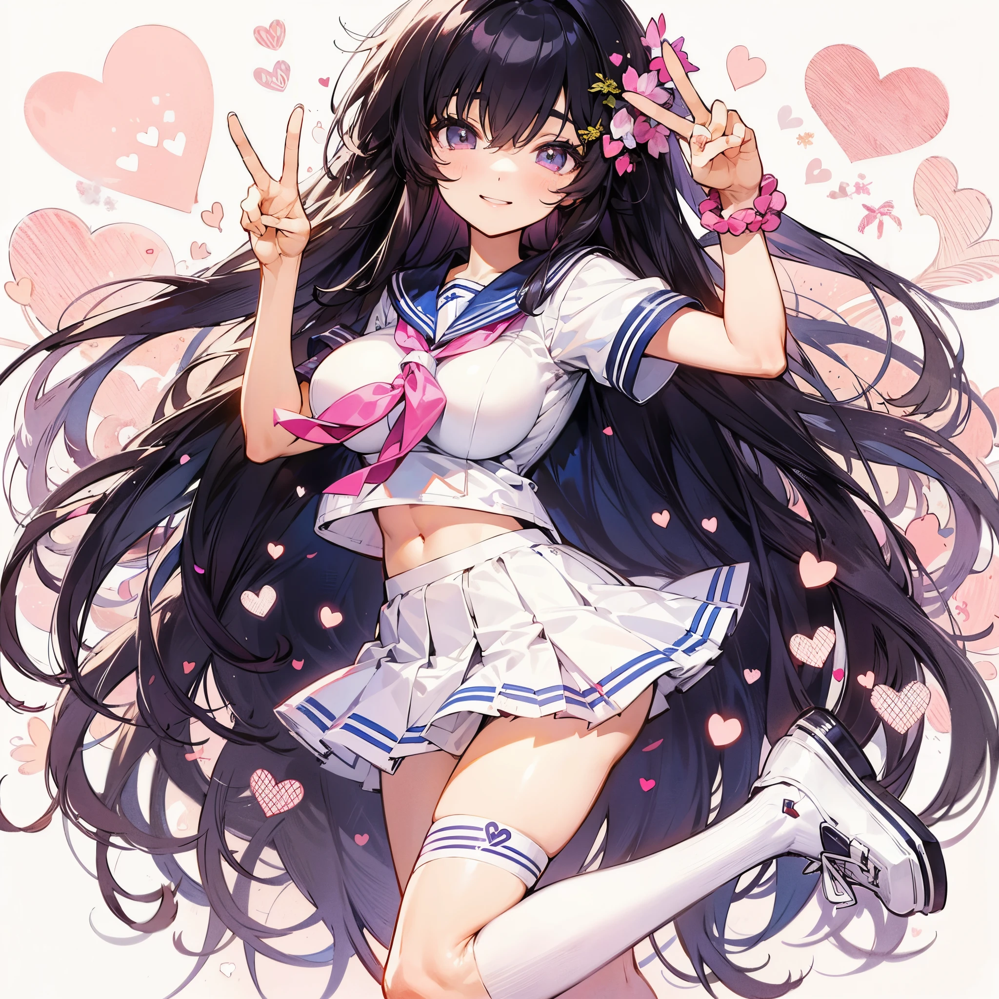 large full breasts、a sailor suit、Pink ribbon