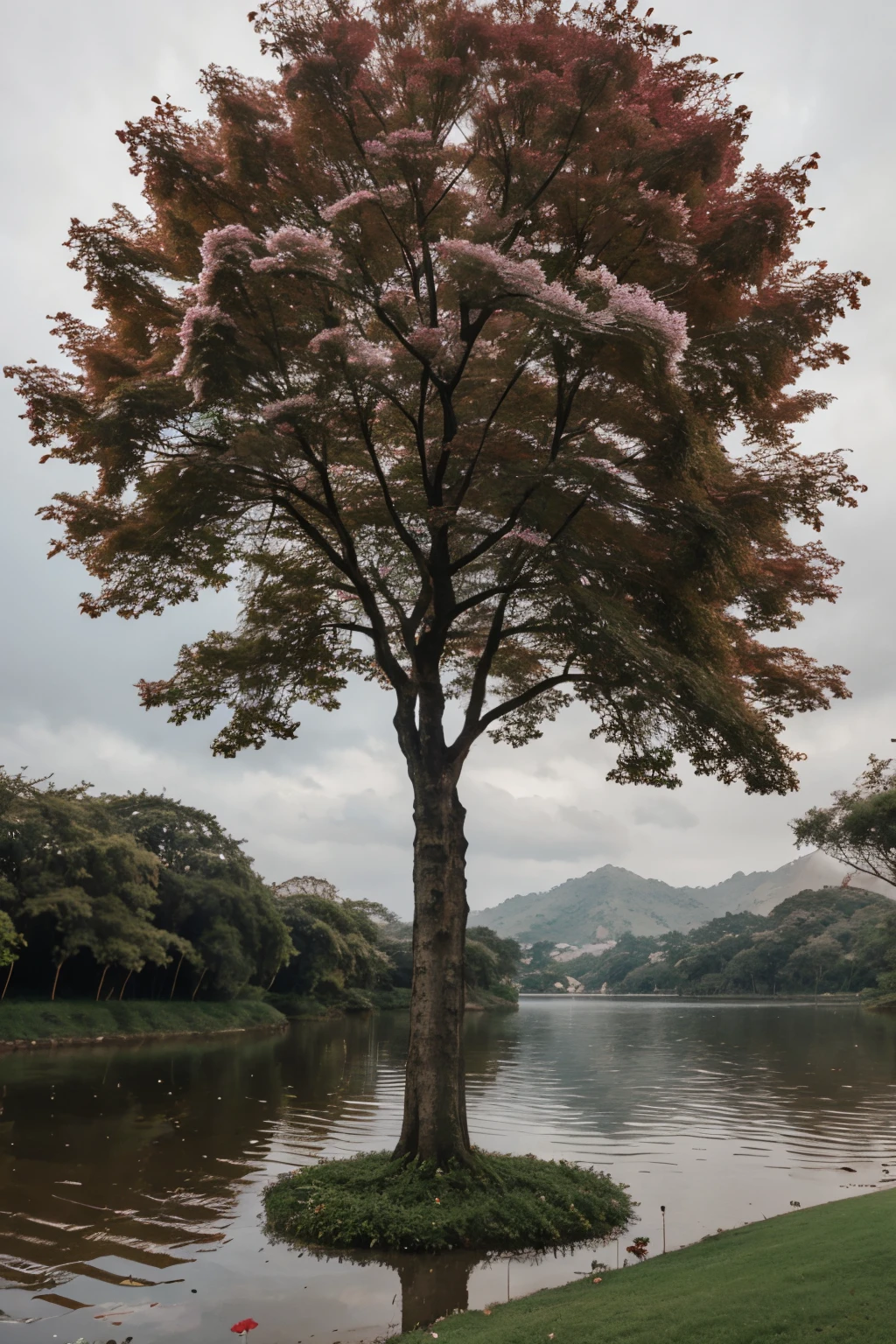 arvore de folhas rosas no lago em um dia de chuva
