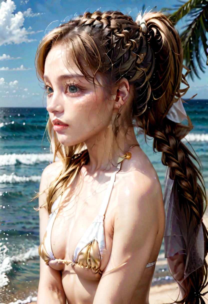 a painted portrait of a beautiful woman with braided long golden hair in a ponytail wearing a white and gold bikini uniform