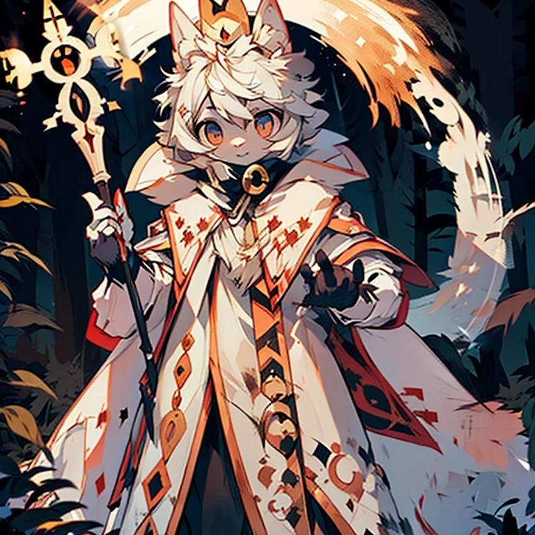 ( female white bunny) ( white cloak with golden that have symbols) ( nighttime in the forest cover in snoolden eyes) ( covered in blood) ( holding a staff)