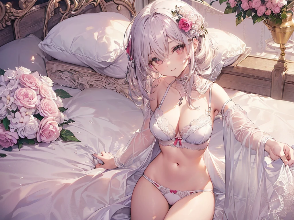 ((cabelo branco)), ((olhos rosas)), ((Lingerie sexy branca de renda)), ((Deitada na cama)), ((Olhar gentil)), ((Sorriso)), ((Cabelos longos, Maria Chiquinha)), ((Qualidade superior))