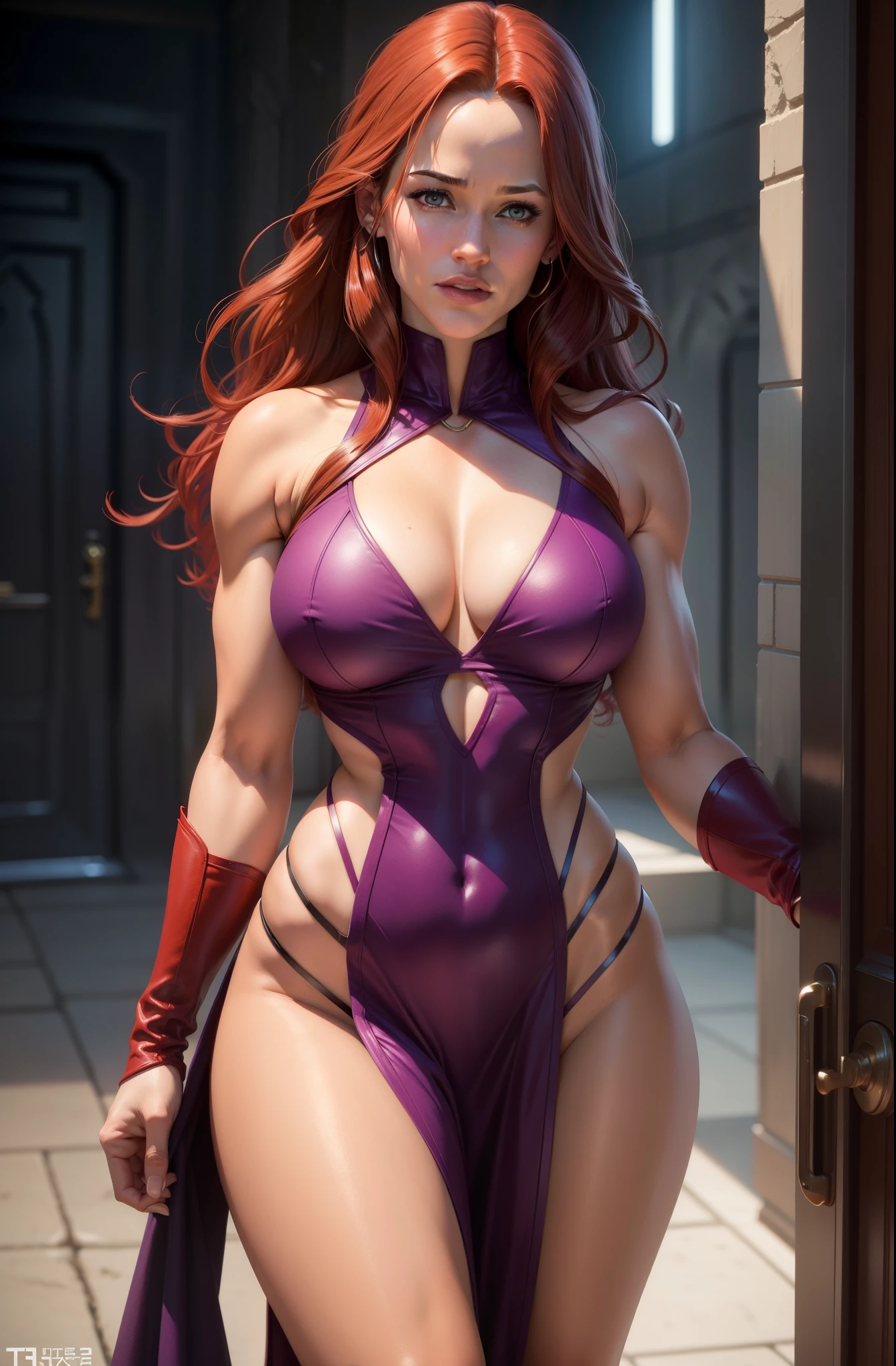 Jennifer Garner from Alias the TV series as Storm from the x-men, red hair, cleavage showing, Low cut outfit, showing lots of skin, dark tan, purple and red