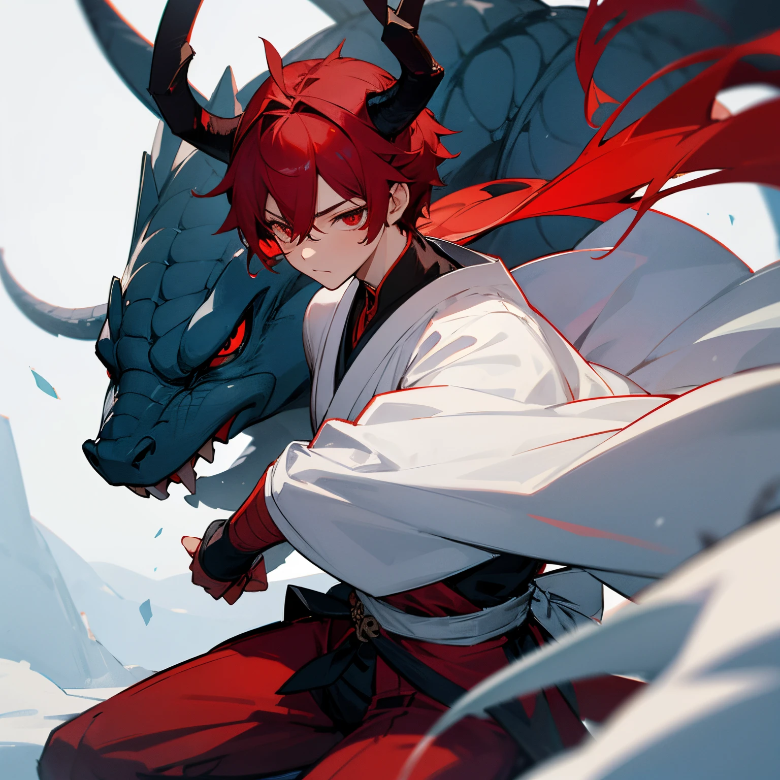 tmasterpiece、top-quality、Very delicate and beautiful man、Extremely Delicately Beautiful、Ultra-fine、top-quality、Anthropomorphic dragons、male anthro-dragon、Long horns on the head、Hoshii、Red hair and red eyes、top-quality、illustratio、Realism、hentail realism,Short-haired wolf tail